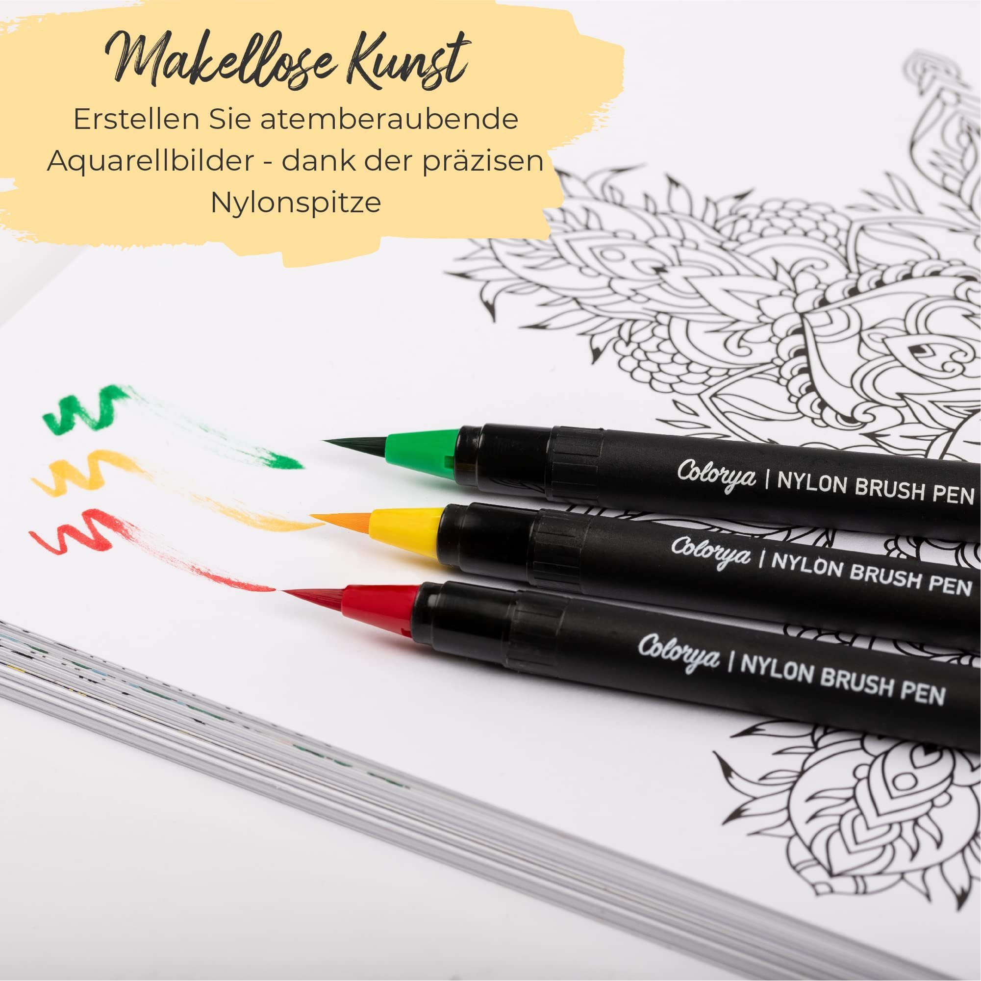 Colorya Pinselstift 50er Pinselstifte-Set mit Nylonspitze und praktischer Tragetasche, 50er Pinselstifte Set mit Nylonspitze und Tragetasche