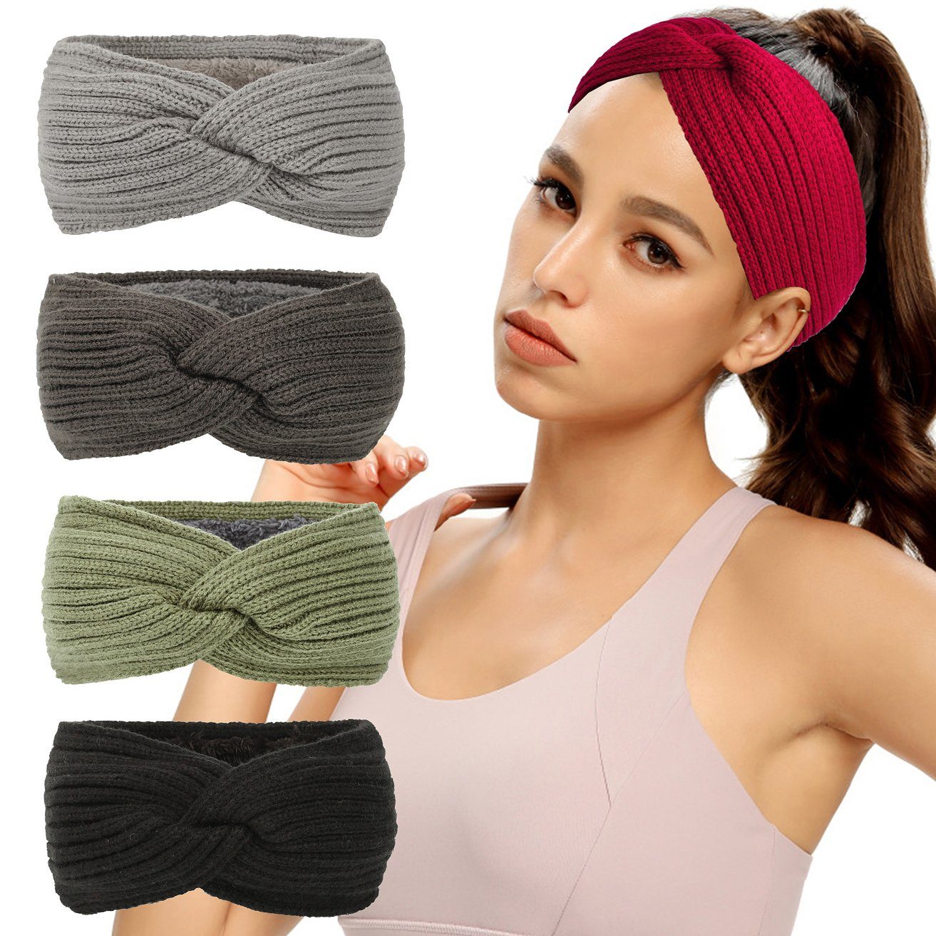 HOHEA H Haarband Gestricktes Stirnband mit Plüschfutter für den Herbst, Sport-Stirnband, 1-tlg., Gestricktes Stirnband für Mädchen, Ohrenwärmer, weich, Winter-Stirnbänder für Damen, grüne Stirnbänder, verschiedene Farben