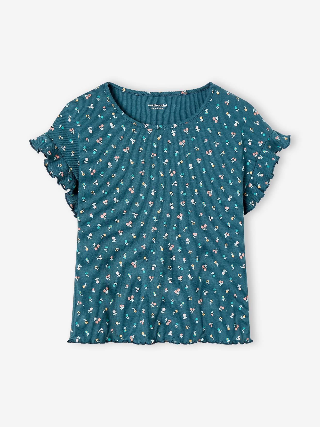 T-shirt à côtes imprimé fleurs fille encre