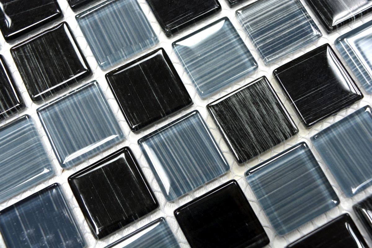 Mosani Mosaikfliesen Glasmosaik Crystal Mosaik strichschwarz weiß glänzend / 10 Matten