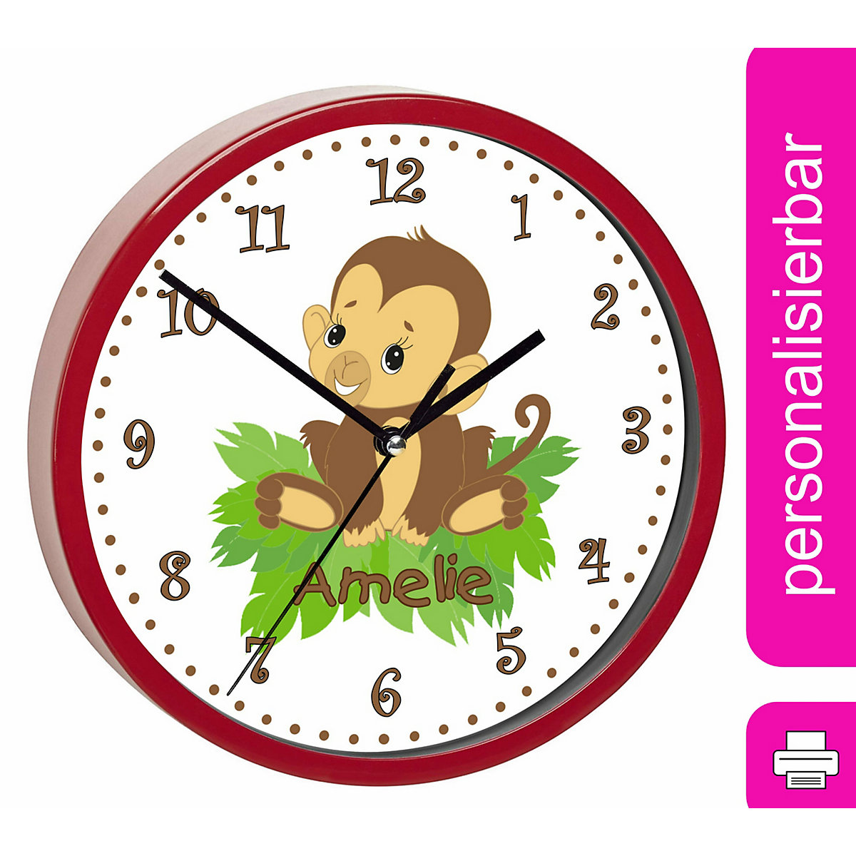 Kinder Wanduhr laufruhig personalisiert mit Name Affenbaby