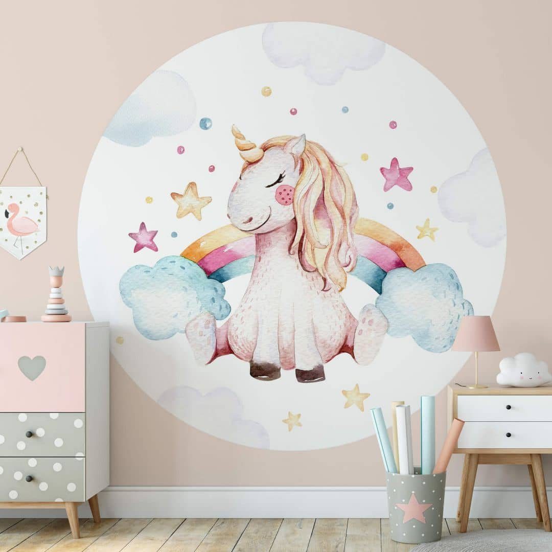 K&L Wall Art Fototapete Fototapete Kvilis Kinderzimmer Einhorn Vliestapete Rund Regenbogen Tapete, Traumland Tapete