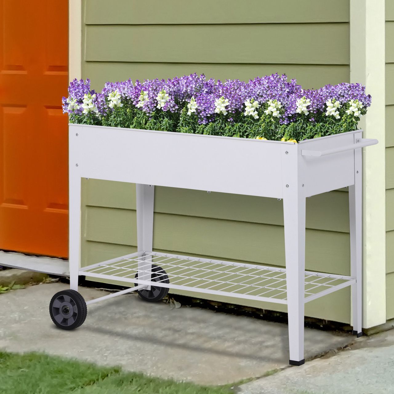 Outsunny Hochbeet Mobiler Pflanzenwagen mit Stauraum Pflanzenbeet mit 2 Rollen Metall Weiß 107,5 x 50 x 80 cm