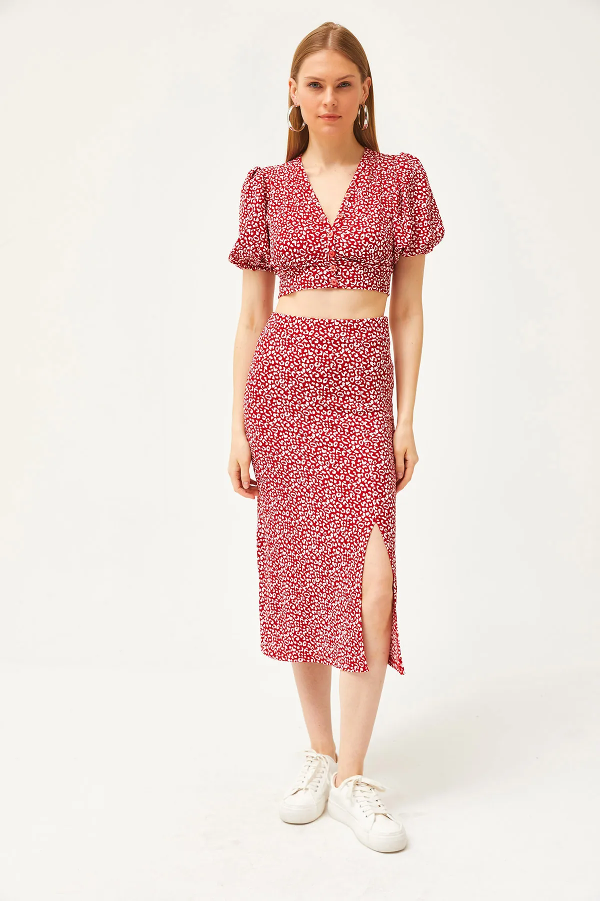 Olalook  Rotes Damen-Set mit Oberteil, Bluse und Schlitz, TKM-19000263
