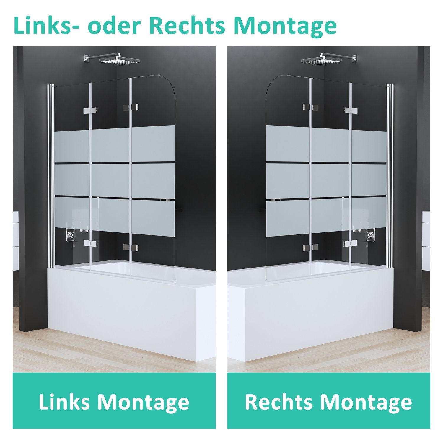 Boromal Badewannenaufsatz Schwarz Chrom 3 teilig faltbar 120x140 130x140 Duschwand für Badewanne, Milchglas, Sicherheitsglas, verstellbar Alu Wandprofil, Beidseitig 180° schwenkbar, komplett faltbar