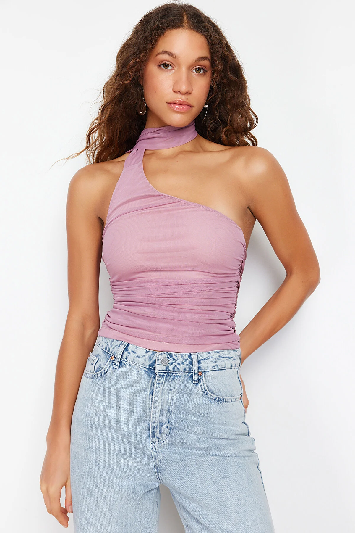 Trendyol Collection  Rosa Neckholder-Strickbluse mit gerafftem, gefüttertem Tüll TWOSS24BZ00202
