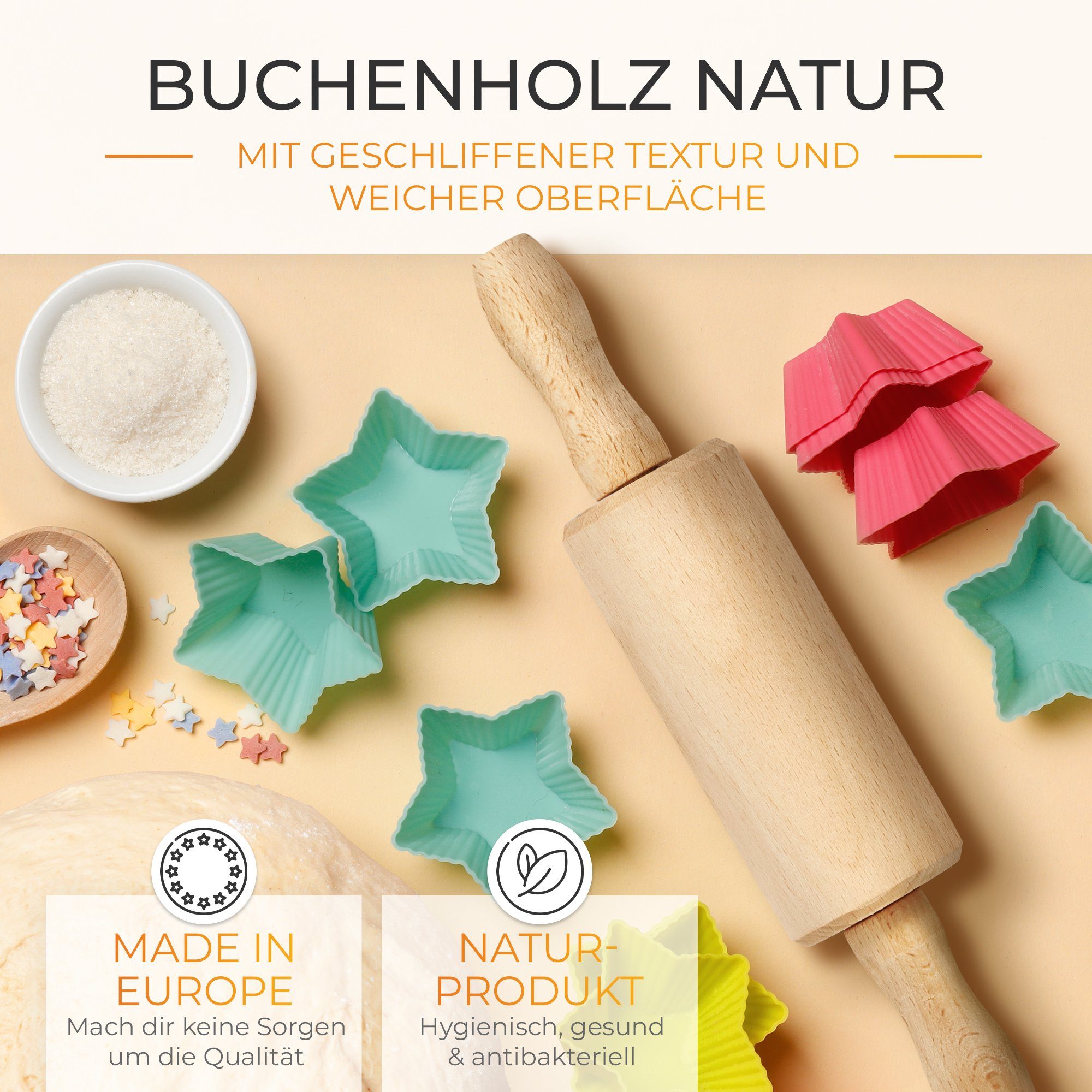 TIMELEOS Nudelholz mit Metallachse - Teigroller - Backrolle aus Buchenholz Teigrolle Buchenholz, (1-tlg), Holz Natur nachhaltig