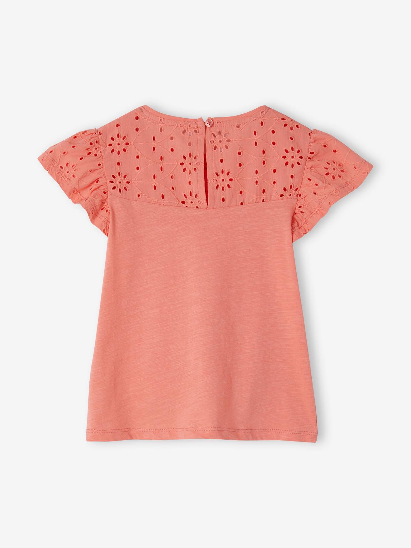 Vertbaudet Mädchen T-Shirt mit Volantärmeln und Lochstickerei Oeko-Tex - dunkelrosa