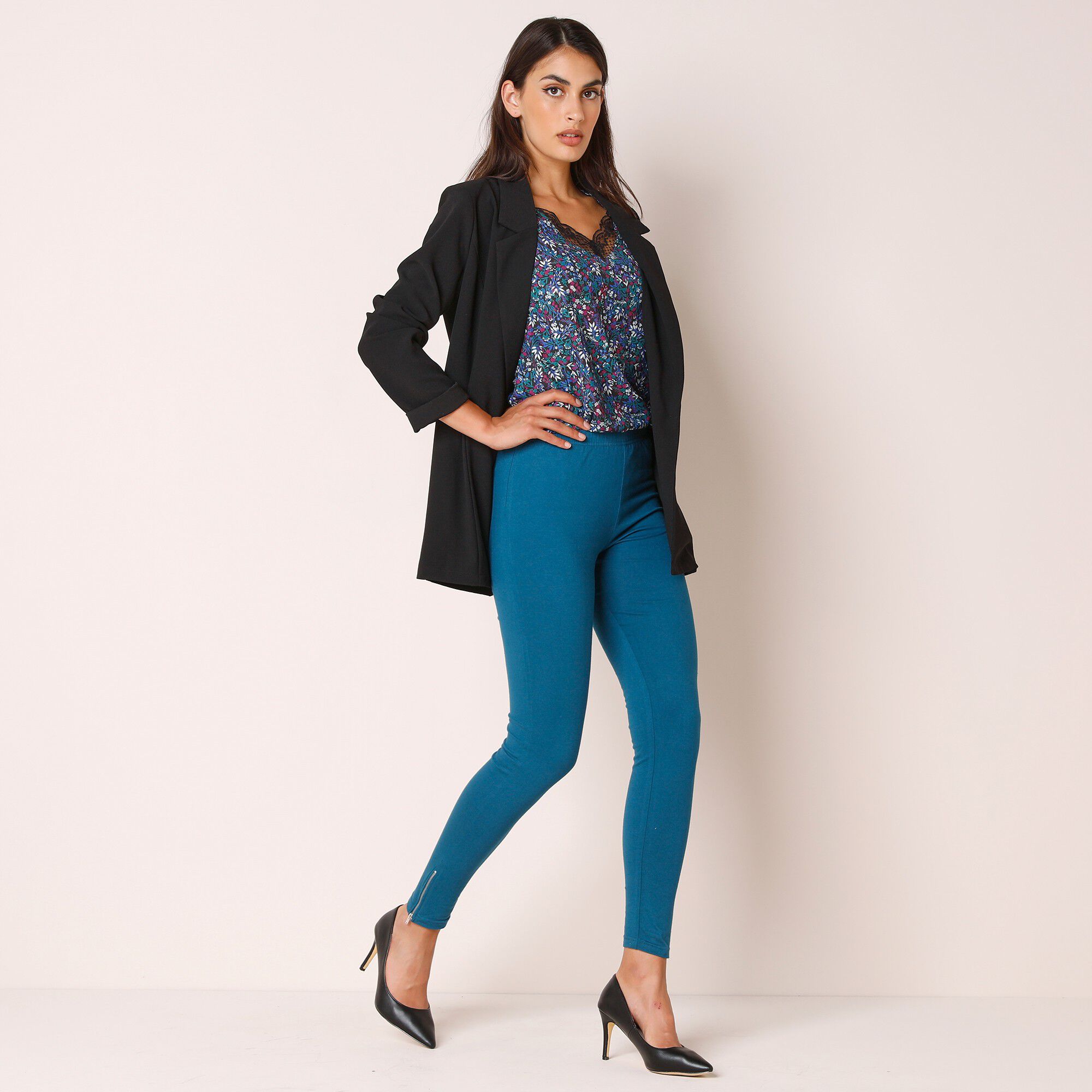 Legging bas de jambe zippé, taille élastiquée