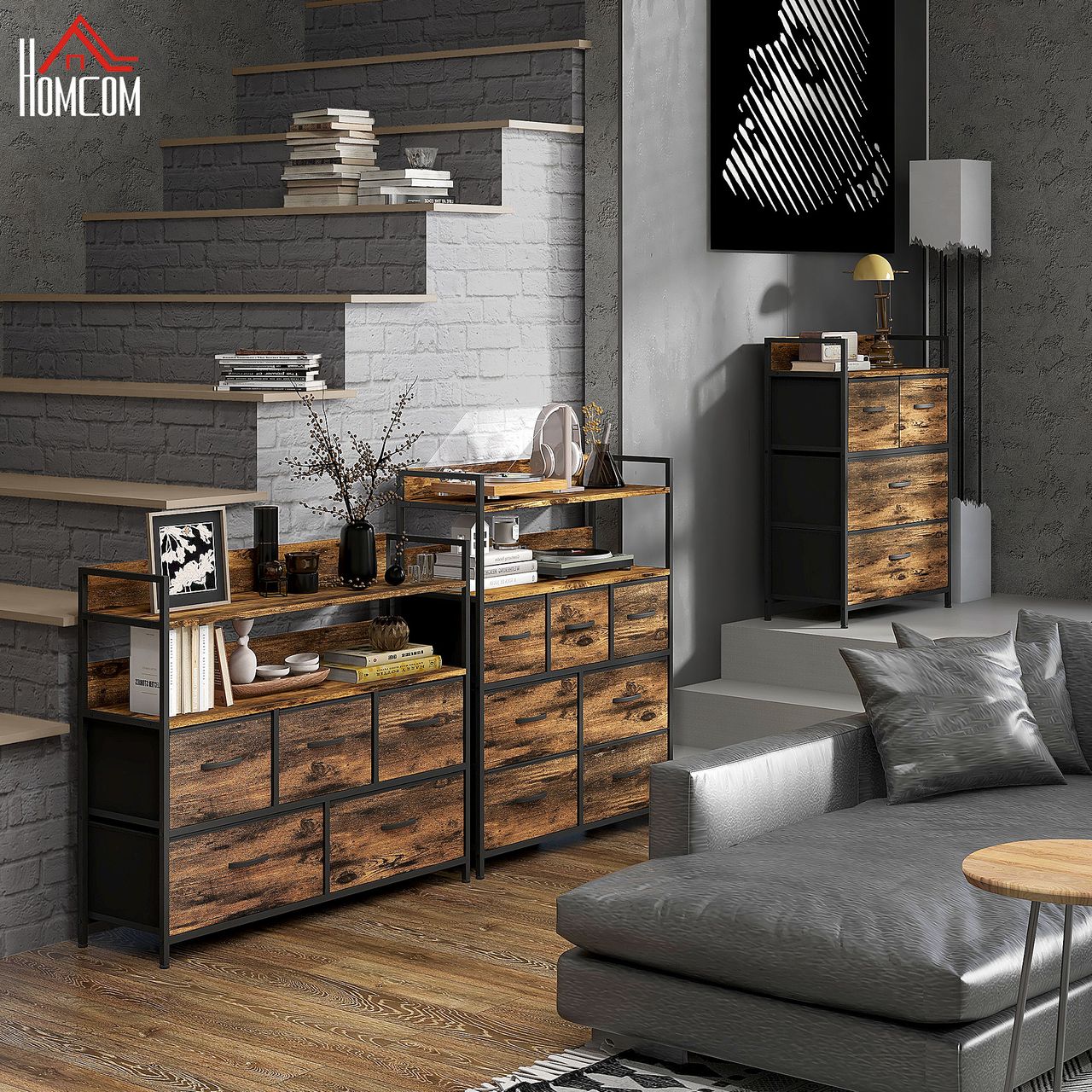 HOMCOM Kommode, Sideboard mit 4 Faltbaren Schubladen aus Stoff, Regal und Griff