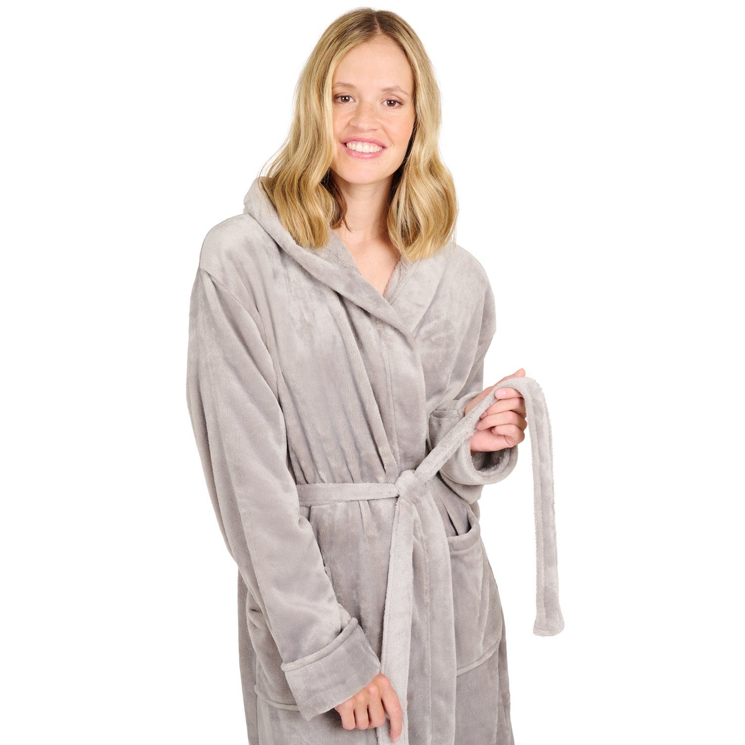 Blumtal Bademantel Damen und Herren - kuschelig weicher Unisex Fleece Bademantel, 100% Polyester Mikrofaser, mit Kapuze & praktischen Fronttaschen, Oeko-TEX® Zertifiziert