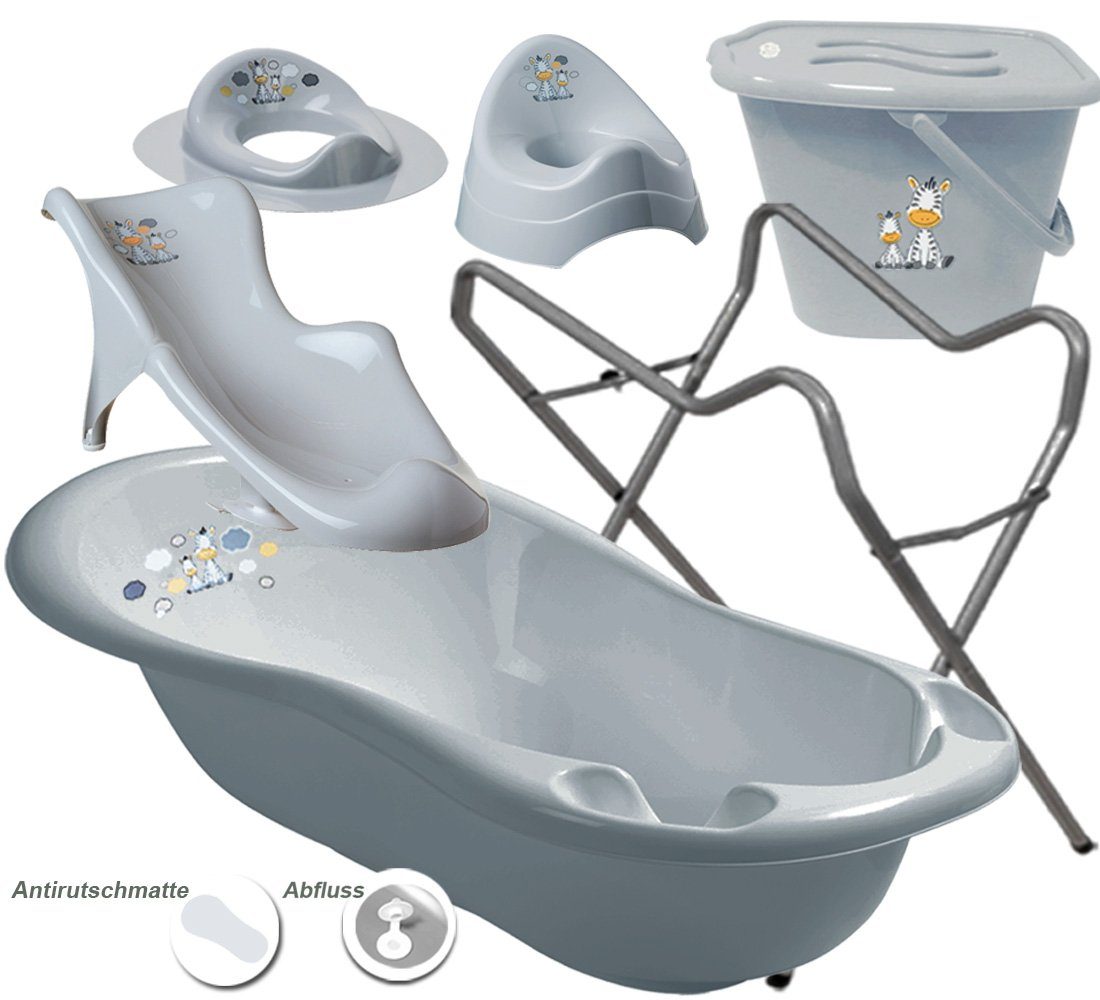 Maltex Babybadewanne 5 Teile SET + Ständer Grau - Zebra Grau -- Badeset Baby Wanne 84 cm, (Premium.set 5 tlg + Ständer), = WANNE + SITZ + TÖPFCHEN + WC AUFSATZ + EIMER + STÄNDER