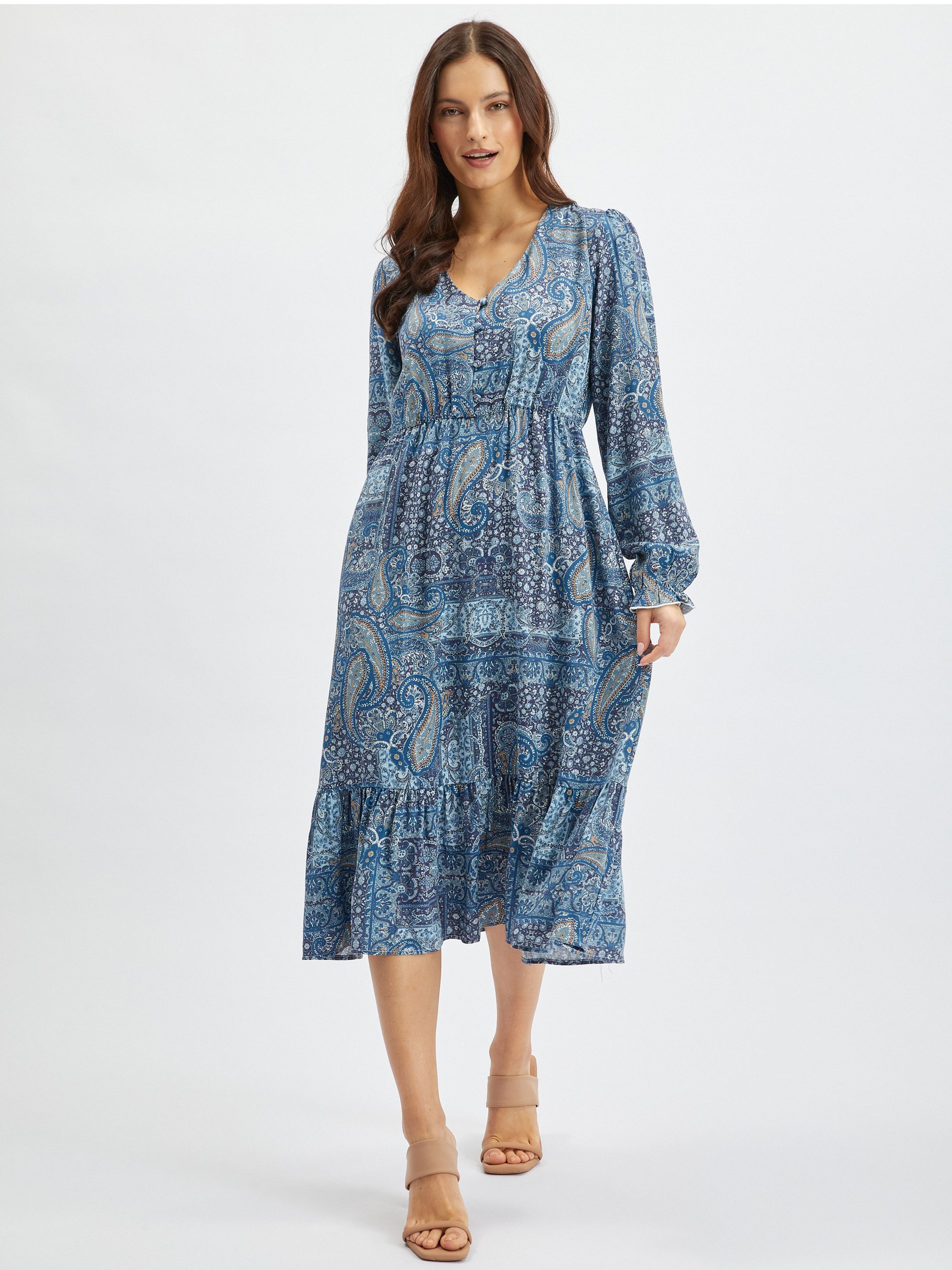 Blaues gemustertes Damen-Midikleid ORSAY