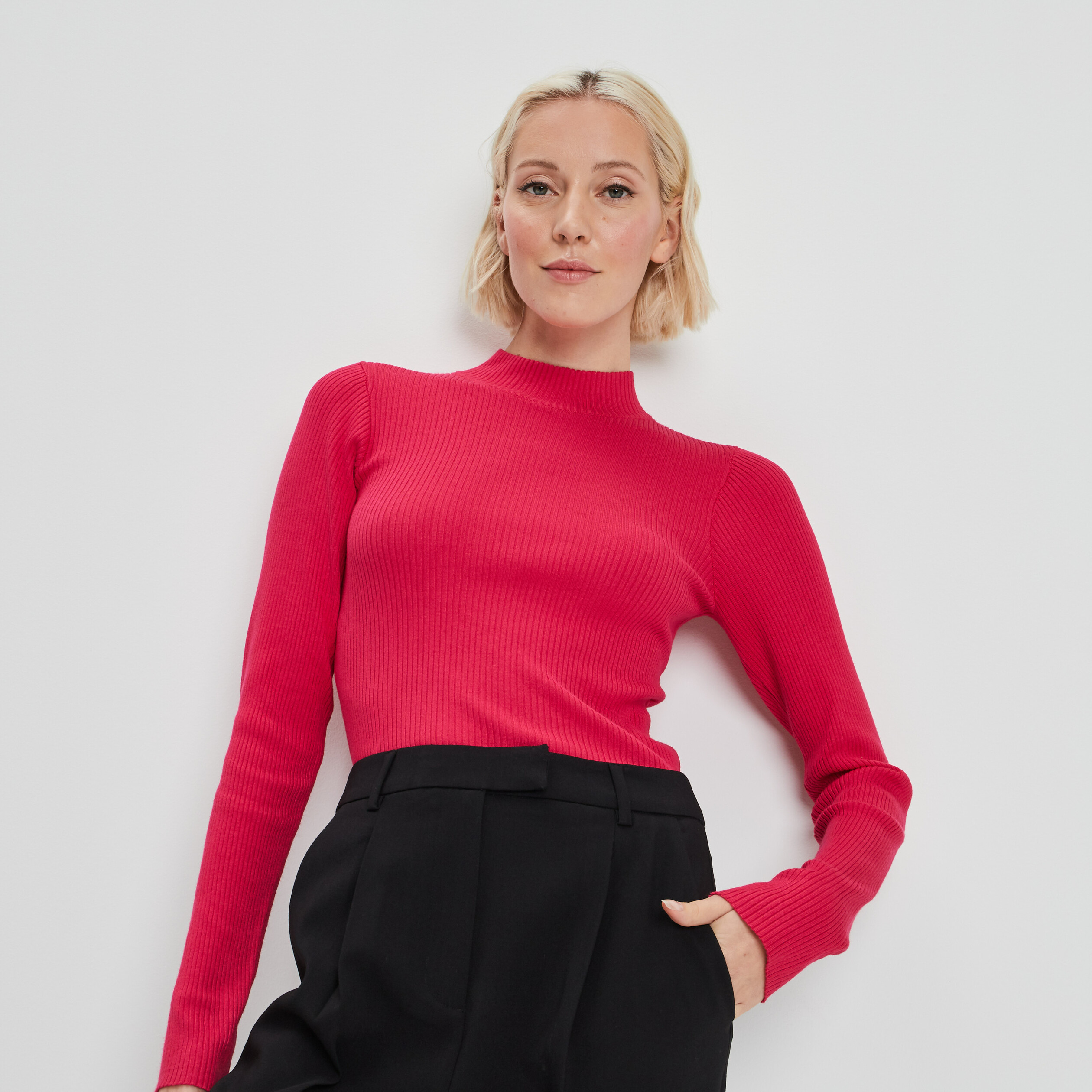 Pull avec col montant rose vif femme | La Halle