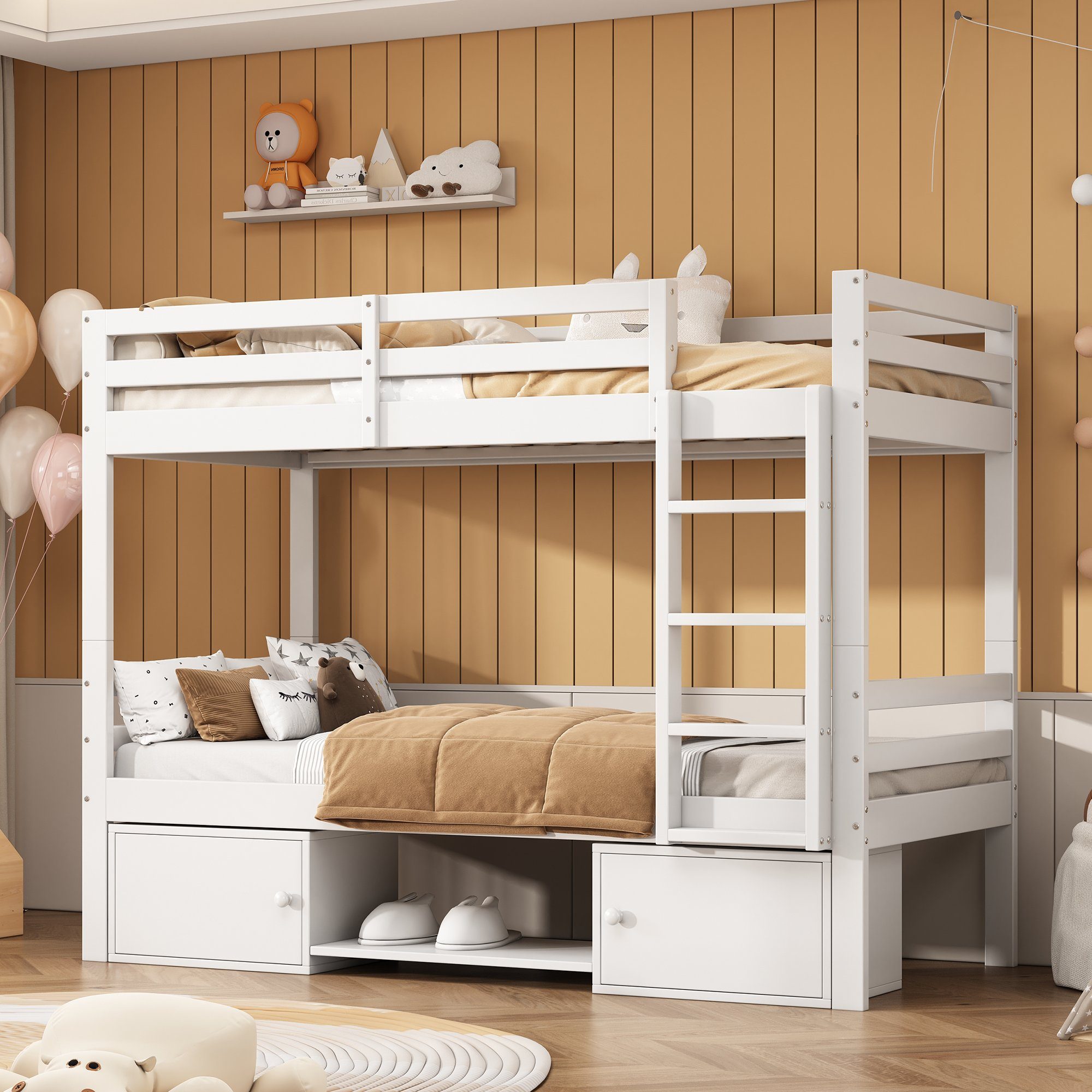 OKWISH Etagenbett Holzbett Tagesbett (Kinderbett mit Schuhregale und Schließfächer, Bett aufgeteilt in 2 Einzelbetten, Jugendbett, Einzelbett 90x200cm), ohne Matratze