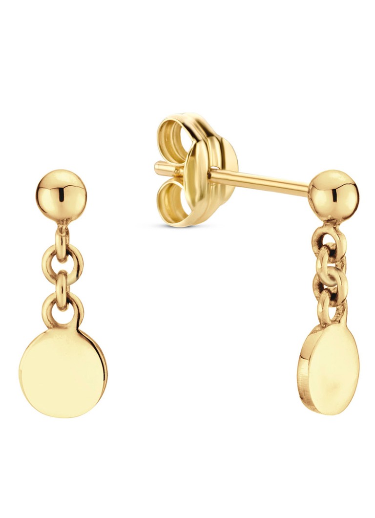 Jackie 14K Gold Dangling Disc Studs earrings made of 14 carat yellow gold