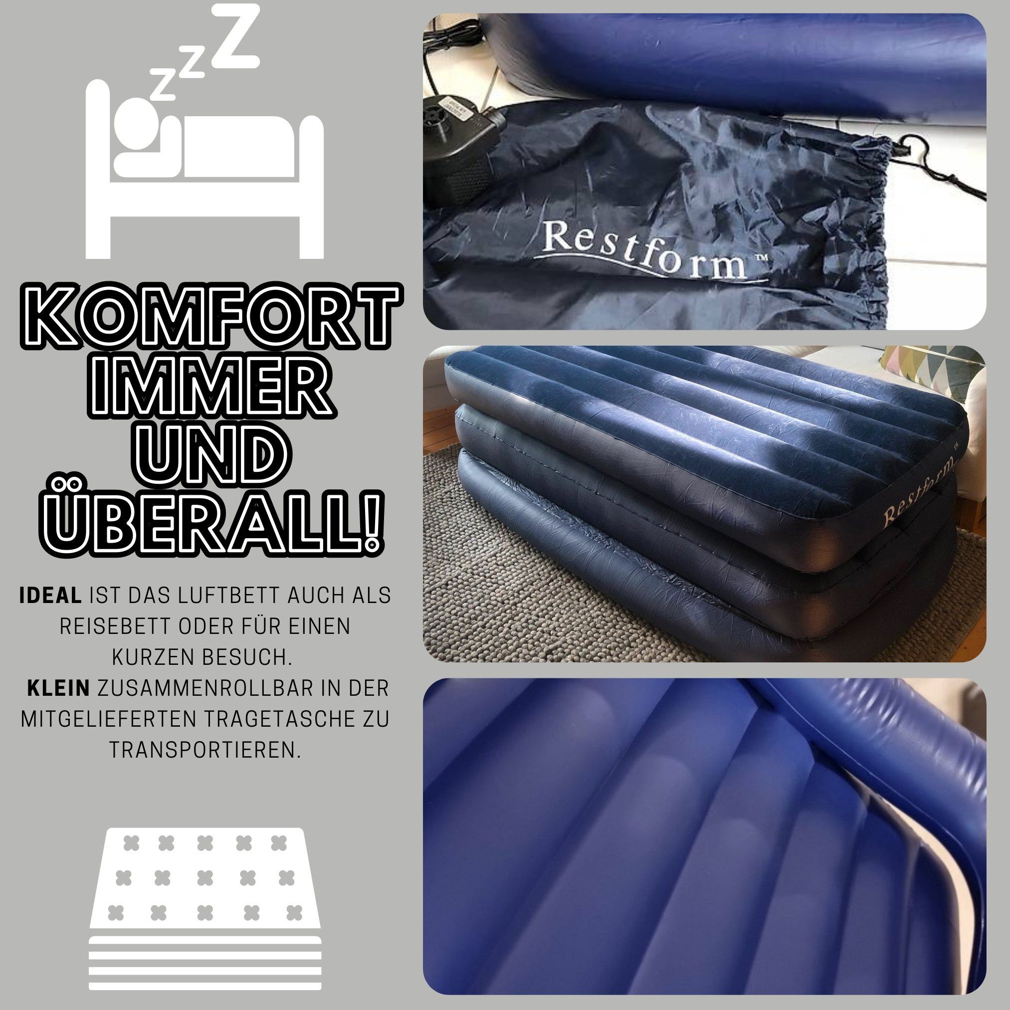Restform® Luftbett High Raised Airbed Single, (Set, teilig), Aufblasbare Matratze für 1 Person, 90x190, mit elektrischer Pumpe