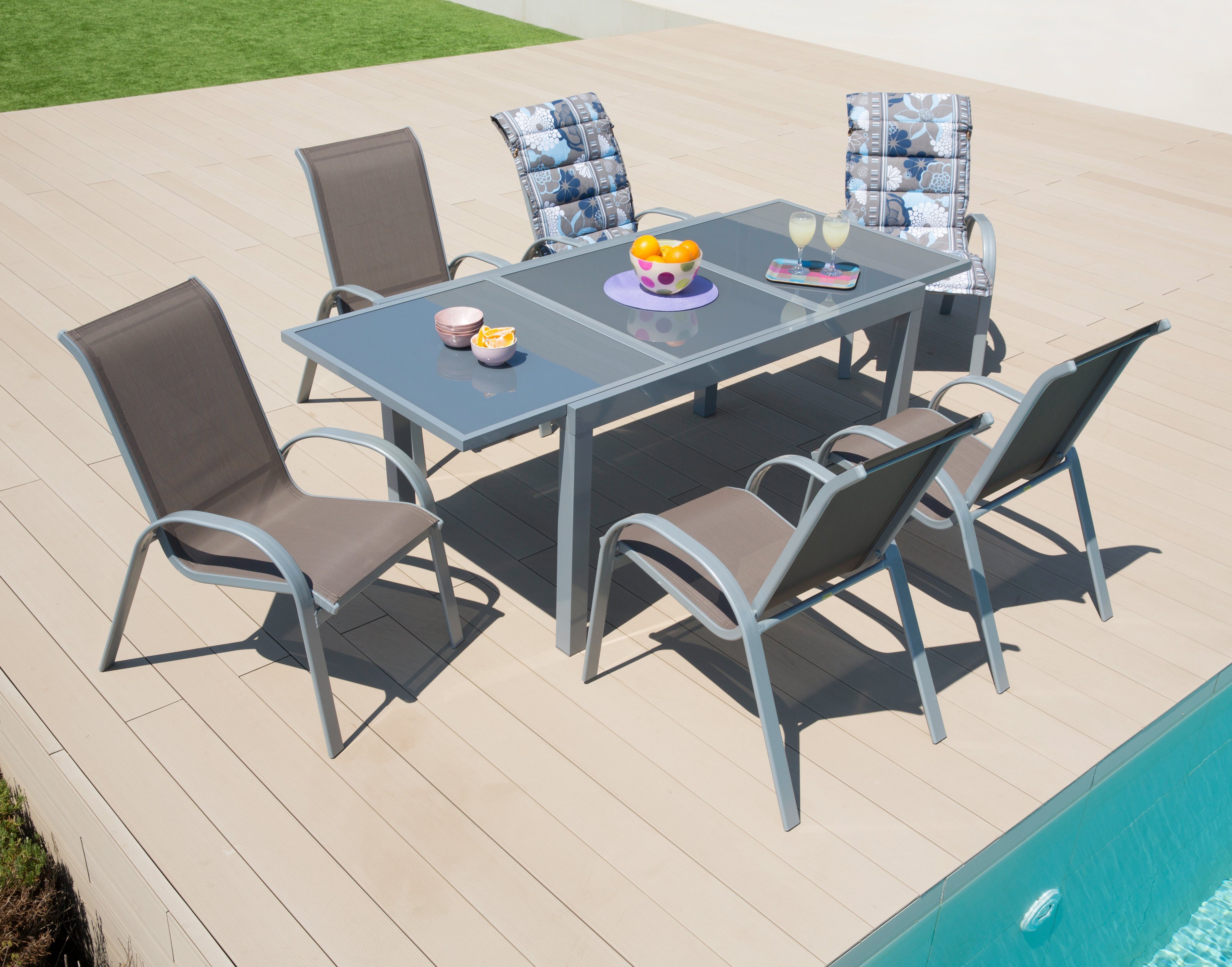 MERXX Garten-Essgruppe Amalfi, (7-tlg), 6 Sessel, Tisch ausziehbar 90x140-200 cm, Alu/Textil