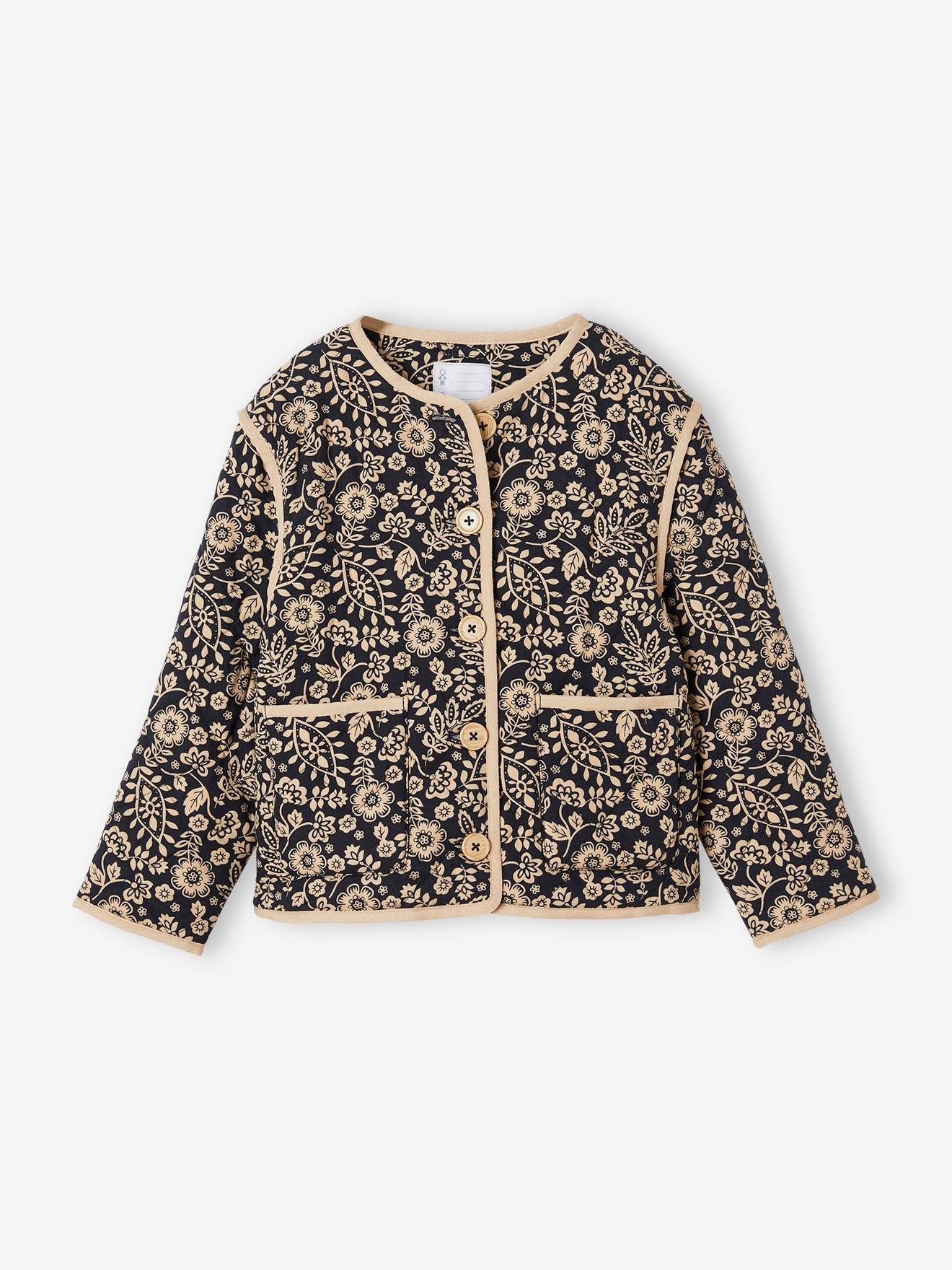 Vertbaudet Gesteppte Mädchen Jacke mit Blumen, Recycling-Wattierung - grau bedruckt