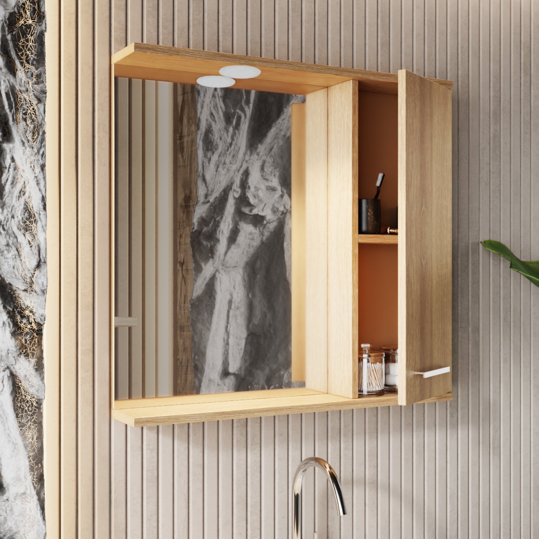 Karen Badezimmer-Set Nil, (Komplett-Set, Standartmäßig 3-Teilig (Unterschrank, Spiegelschrank, Waschbecken), Der Lieferumfang umfasst Unterschrank, Spiegelschrank und Waschbecken), Klassisches Design, Holzfurnier-Beschichtung, Softclose, Bügelgriffe