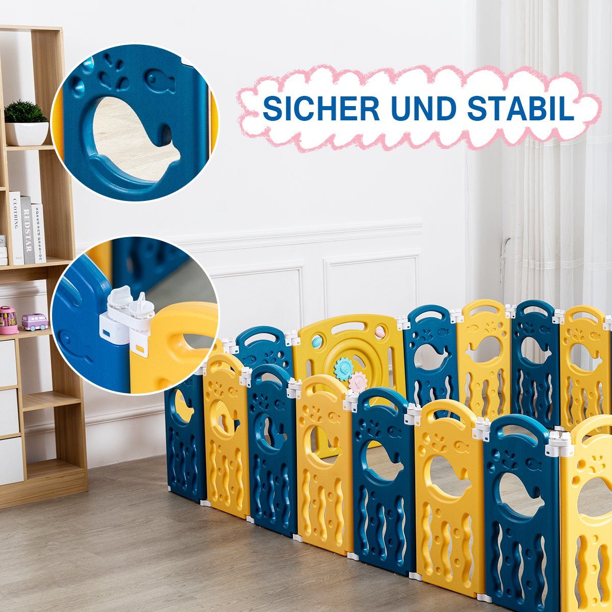 FOXSPORT Laufgitter Laufstall Baby-Laufstall (faltbar Absperrgitter mit Rutschfester Basis Krabbelgitter mit Tür), Jede Kombination,mit Schloss, HDPE Materia