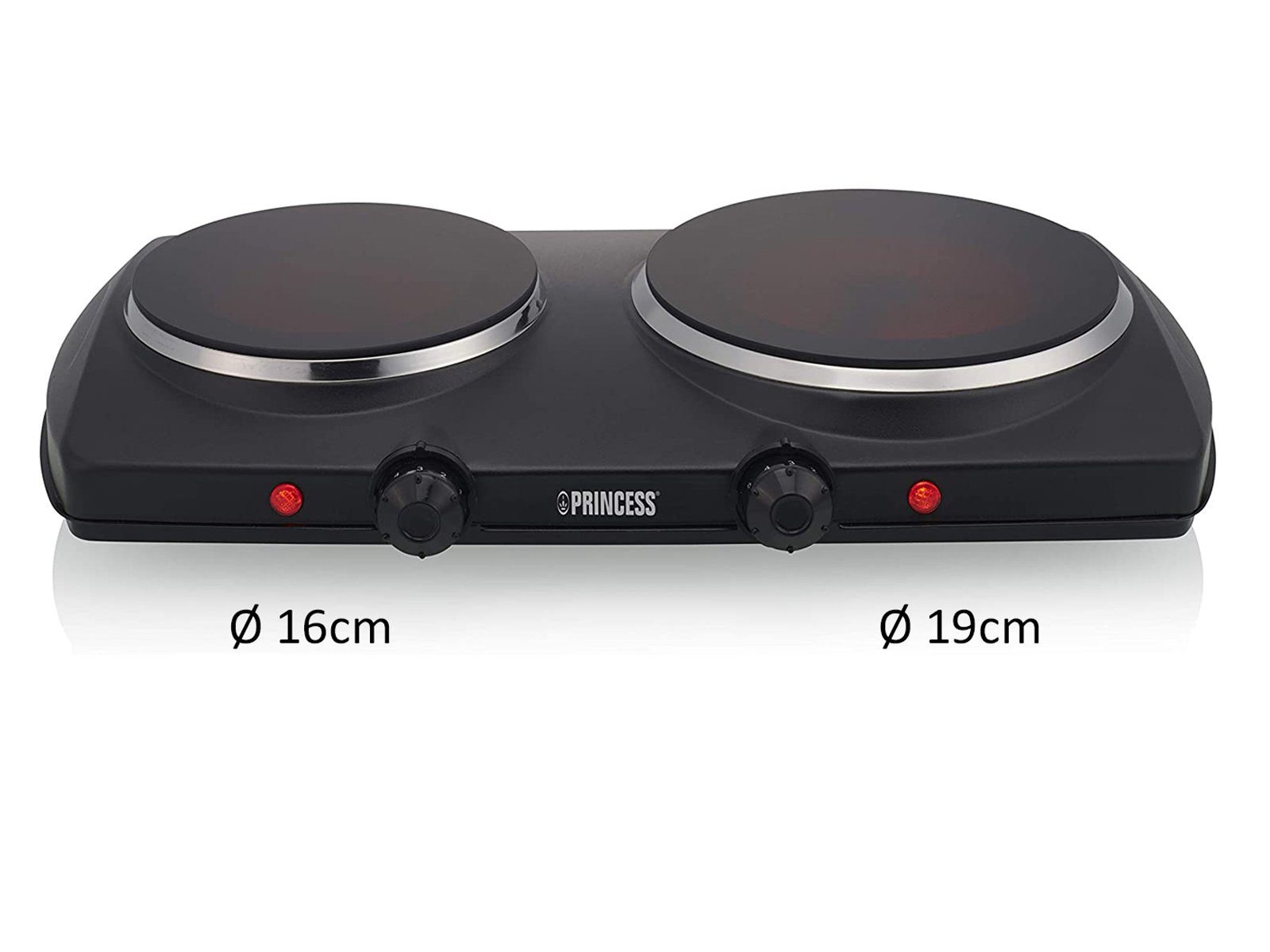 PRINCESS Doppelkochplatte, Mobiles elektrisches 2er Platten autarkes Kochfeld 16 & 19cm Camping