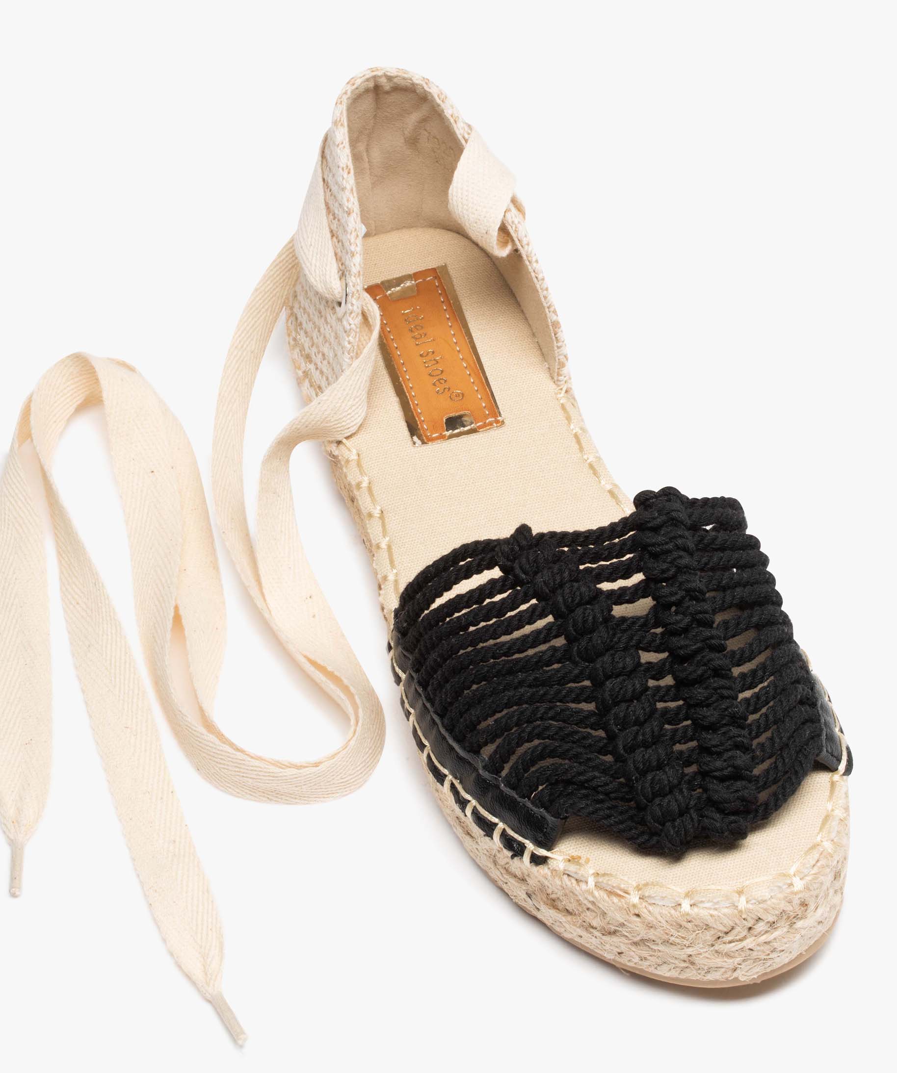 Sandales femme dessus en macramé avec rubans à nouer noir | GEMO