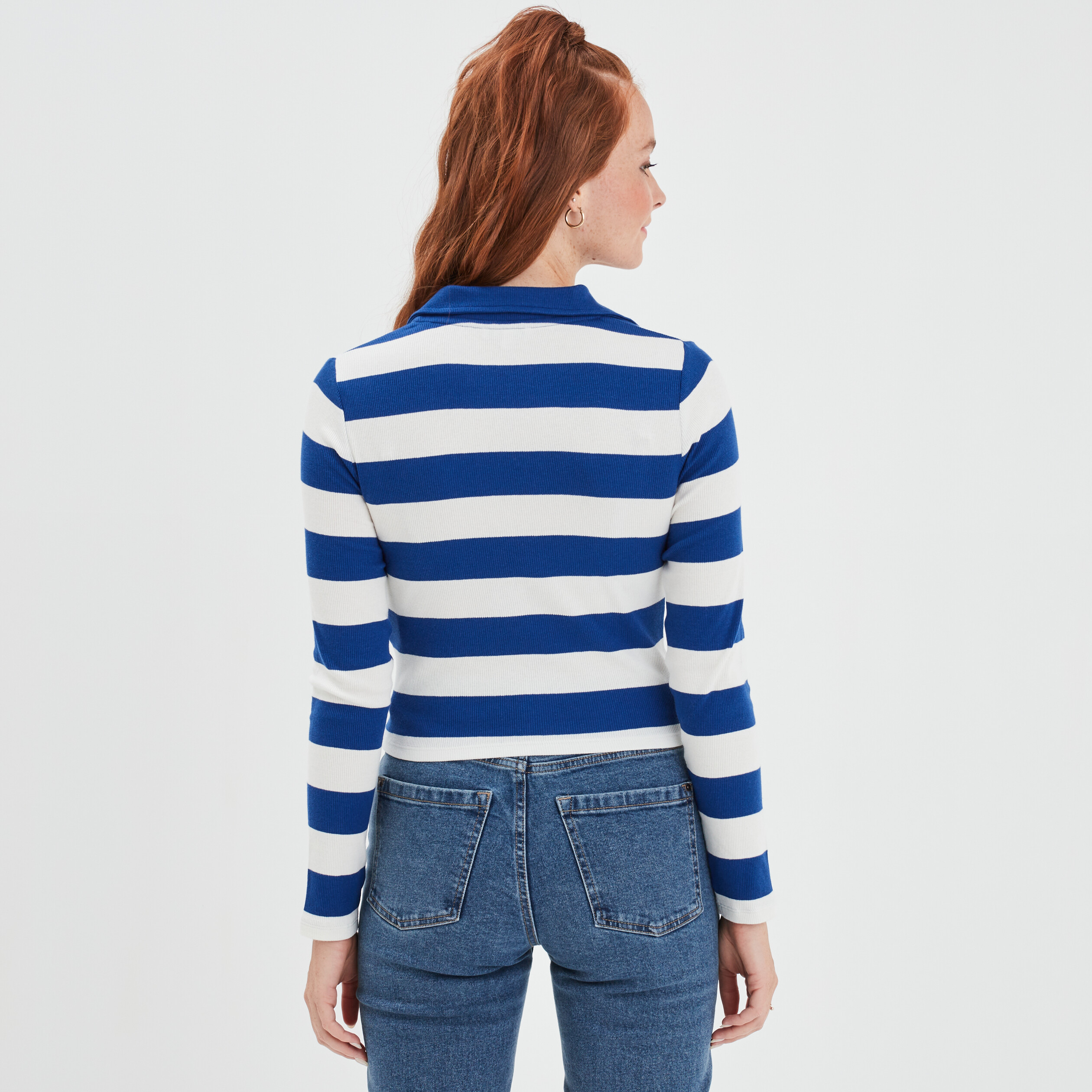 T-shirt court col polo côtelé Creeks bleu femme | La Halle