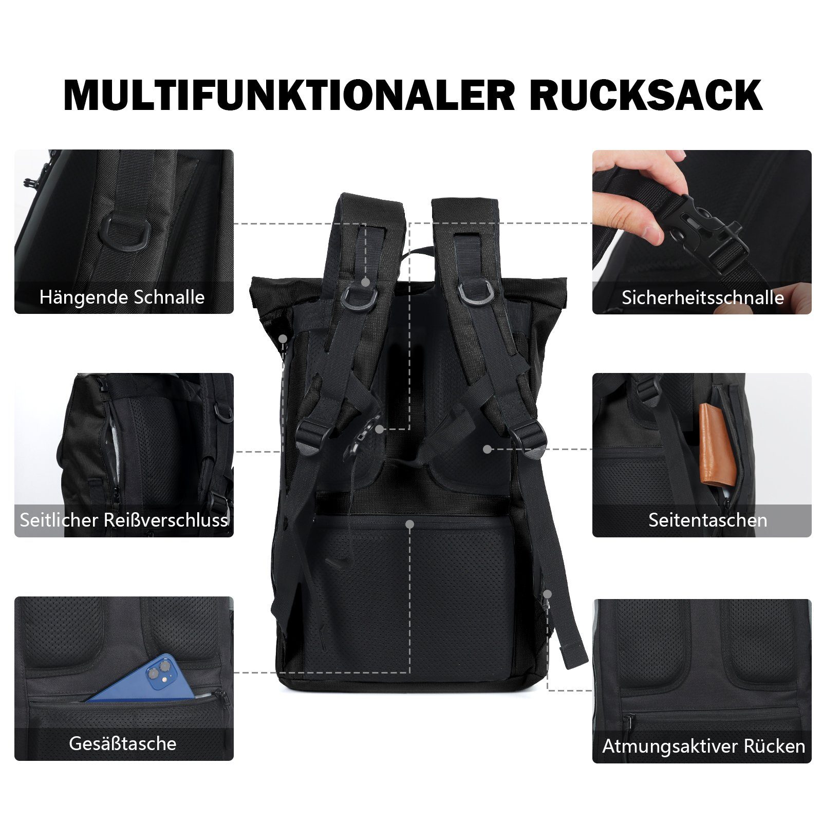TAN.TOMI Laptoprucksack Rucksack Damen Herren Wasserdichter Leichter, Lässiger Rucksack, mit Laptopfach bis 17 zoll, Modern Rolltop Daypack