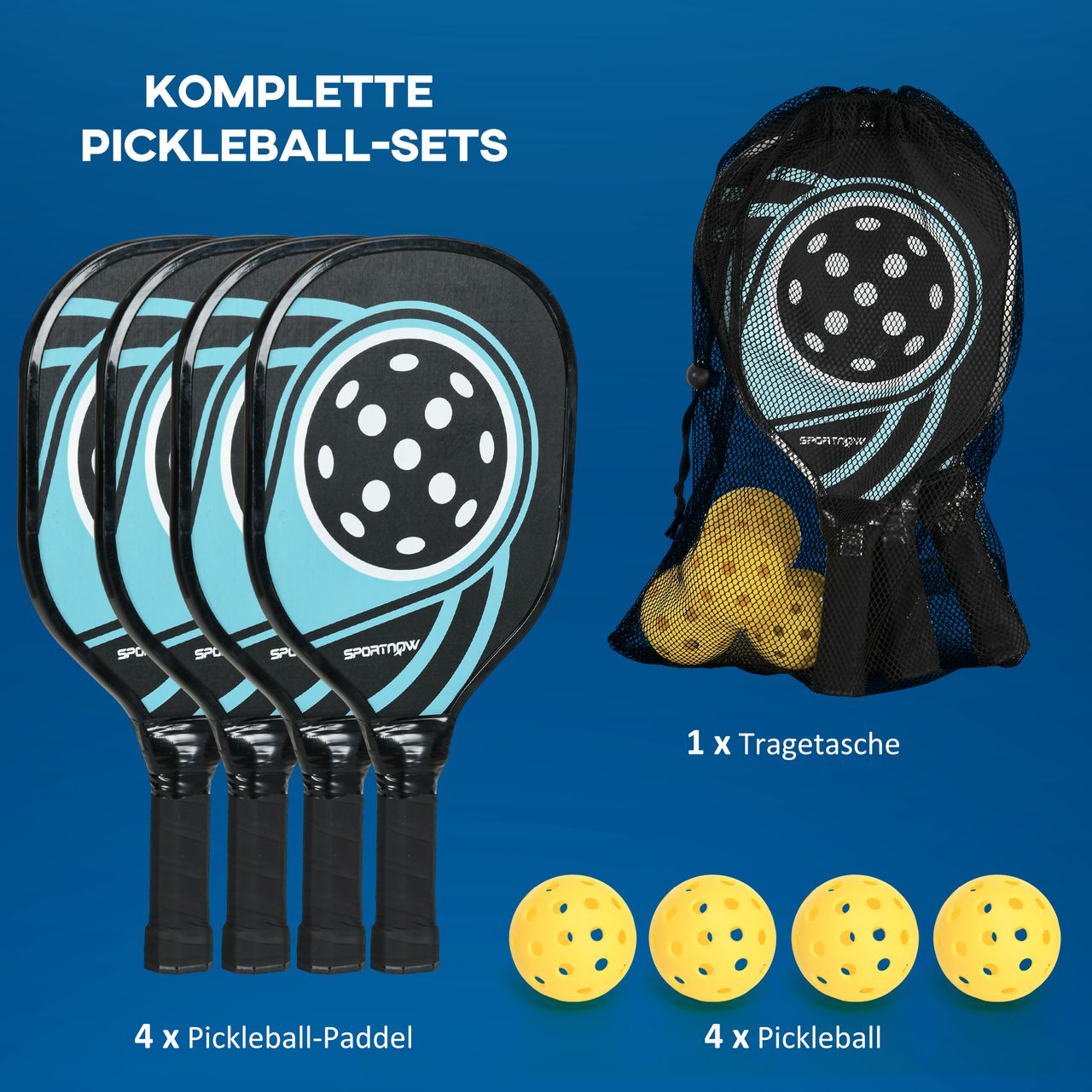 SPORTNOW SPORTNOW Pickleball Paddles Schläger Set Pickleball-Set mit 4 Schlägern 4 Bällen