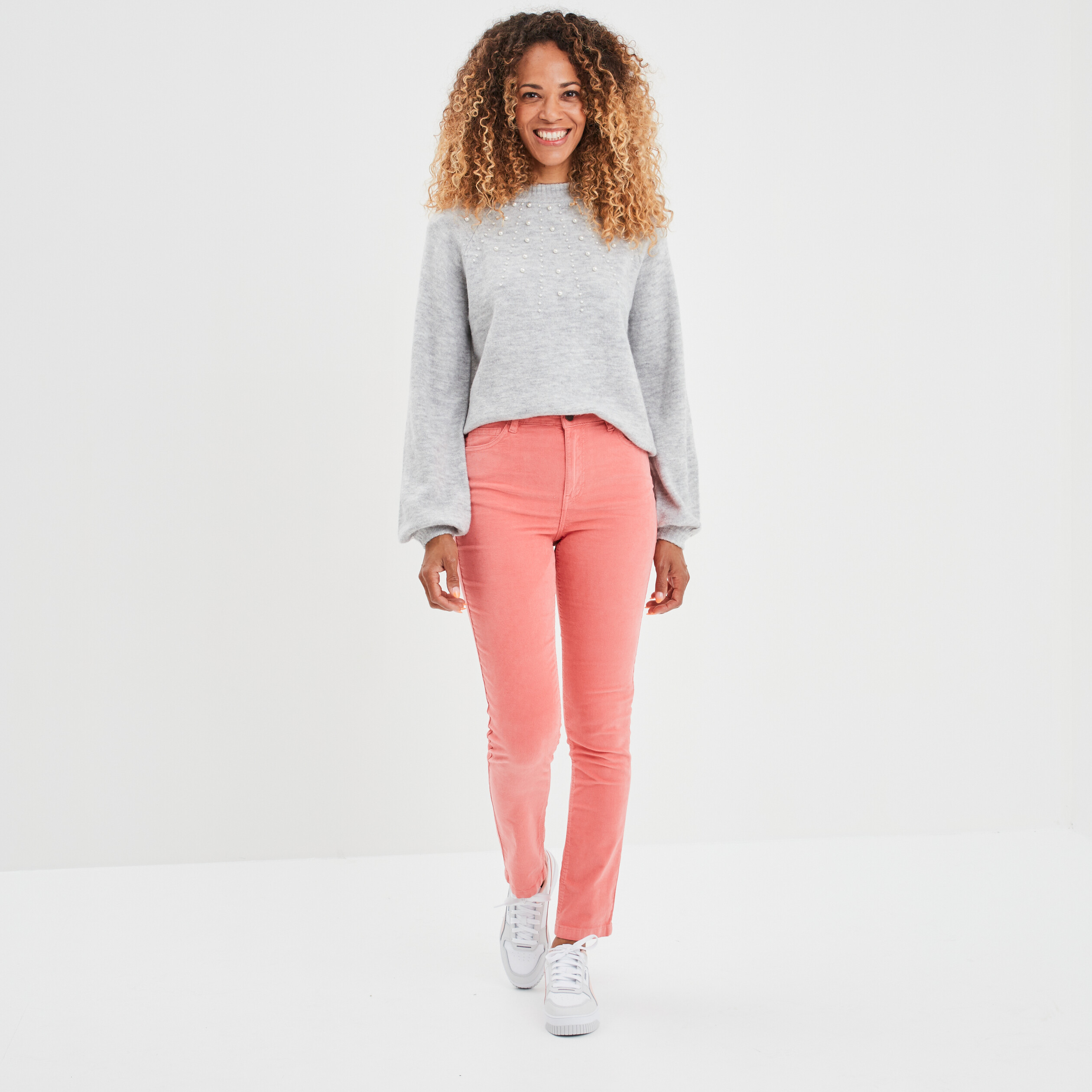 Pantalon slim velours coton Creeks rose saumon femme | La Halle