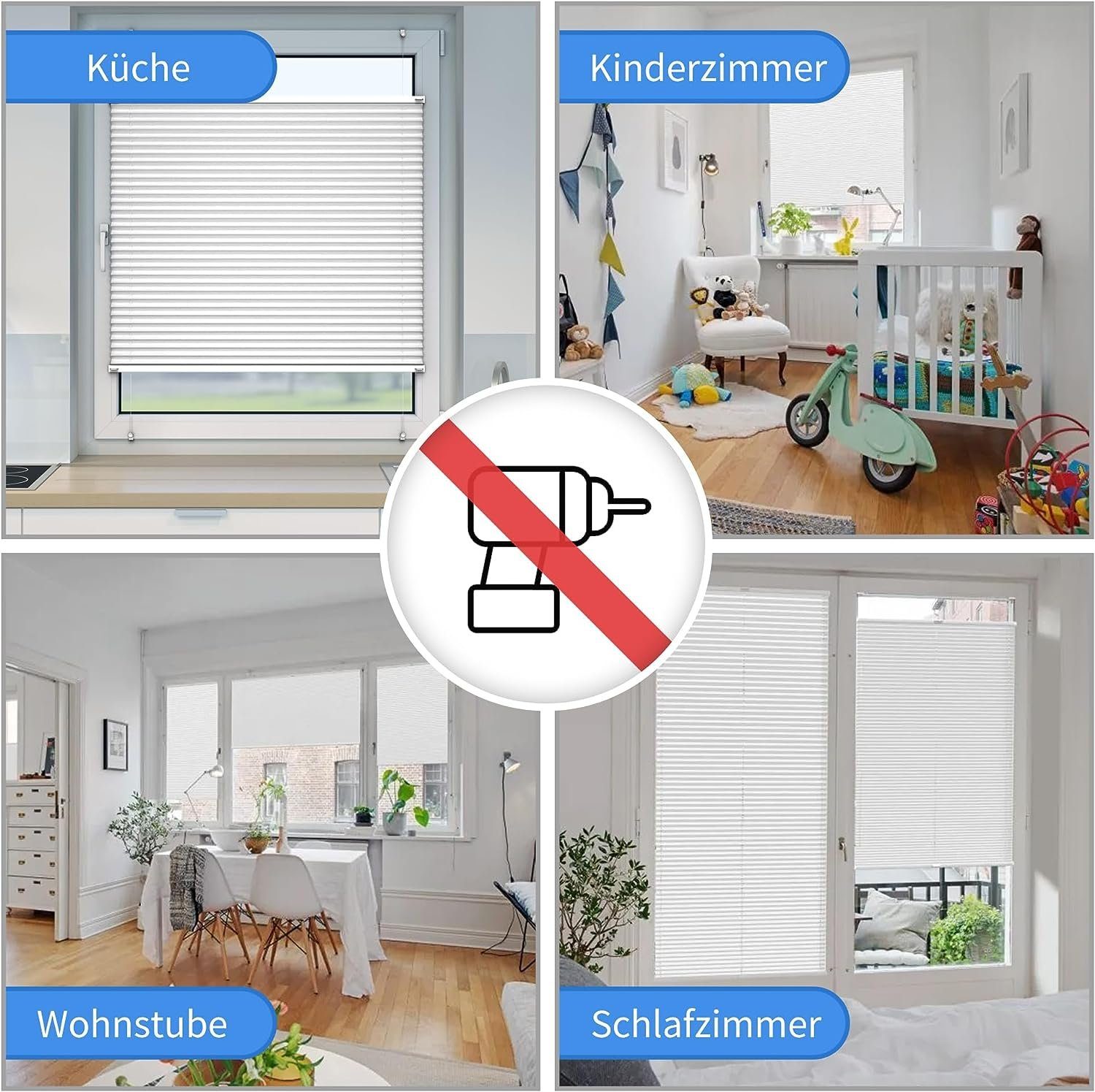 Plissee Faltrollo Ohne Bohren, OUBO, Klemmträger,Easyfix, Lichtschutz, verspannt, Klemmfix, Jalousie für Fenster & Tür, einfach Montage