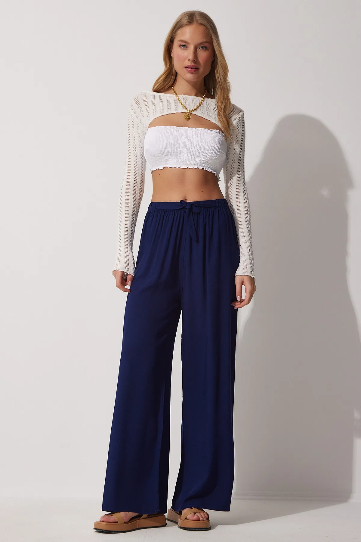 Happiness İstanbul  Marineblaue Palazzo-Viskosehose für Damen BH00322