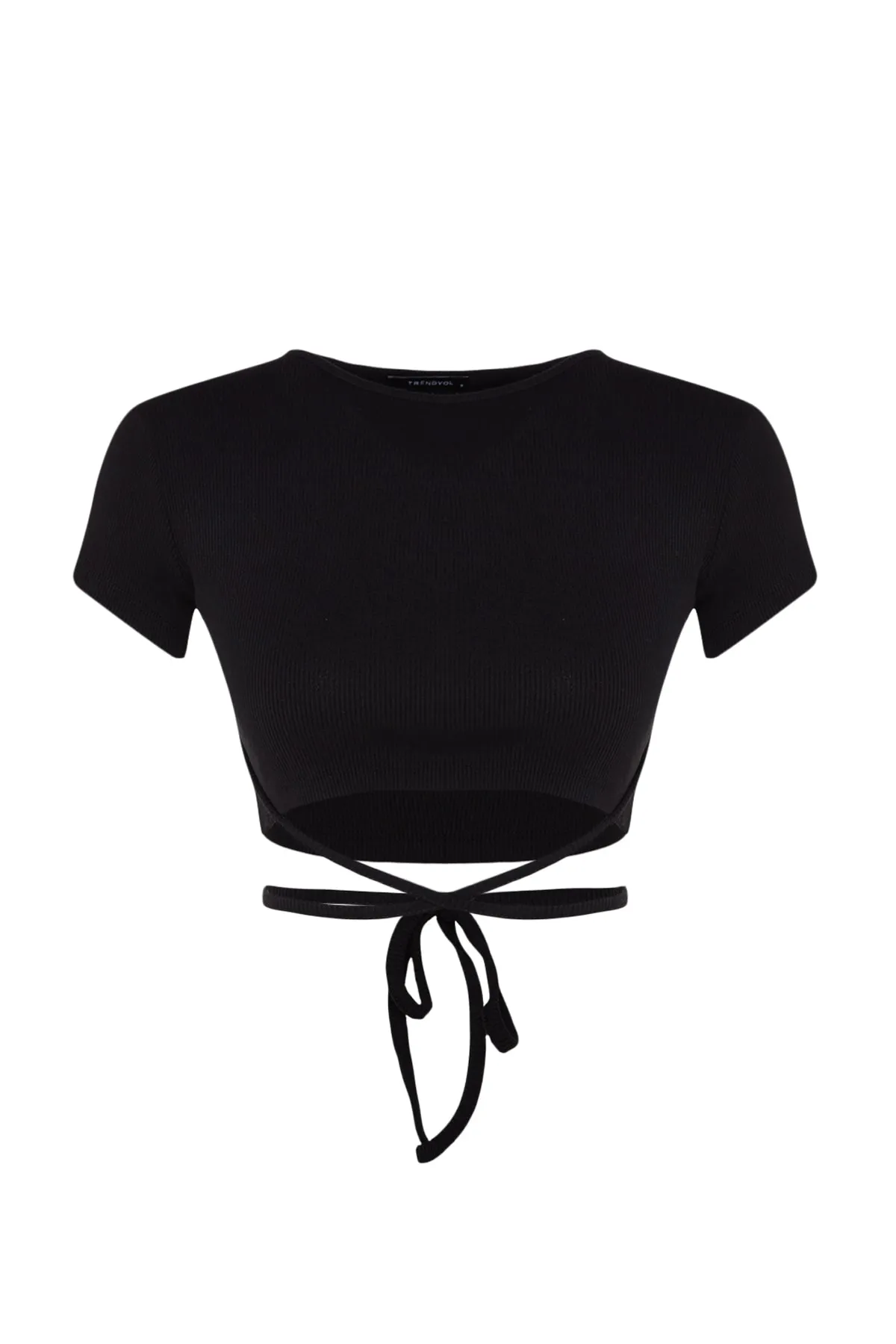 Trendyol Collection  Schwarze, detaillierte, bauchfreie Strickbluse aus gerippter Baumwolle mit Krawatte THMSS22BZ1089