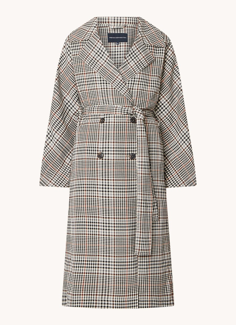 French Connection Dandy double-breasted trench coat with check pattern and bow belt