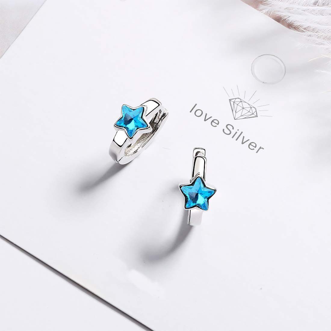 Haiaveng Paar Ohrhänger 925 Sterling Silber Zirkonia Blau Stern Klein Creolen Ohrringe, für Frauen,Damen,Mädchen,Kinder