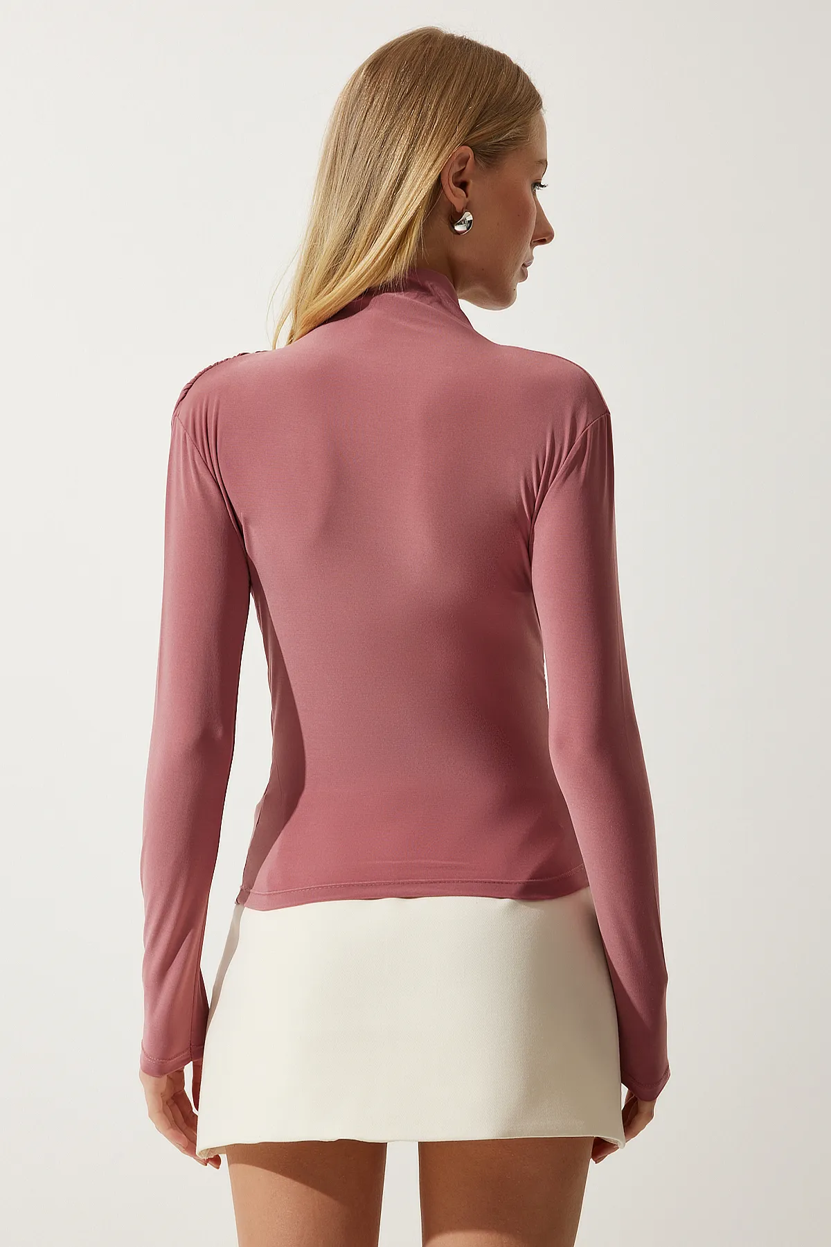 Happiness İstanbul  Damen-Bluse Dusty Rose Gather Detaillierter Stehkragen Sandy FF00135