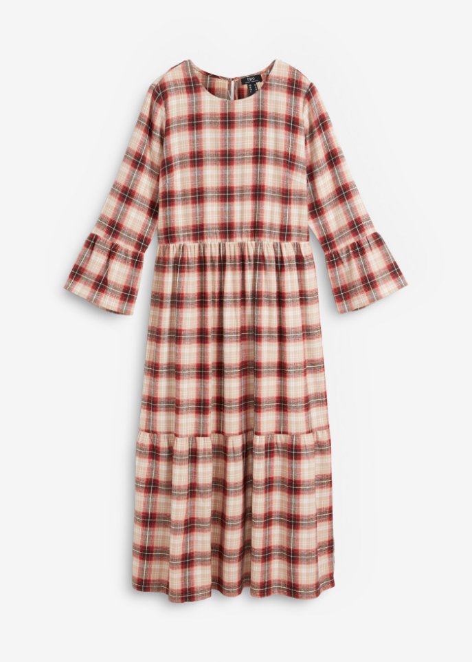 Ausgestelltes Midi-Kleid aus Flanell mit Volants