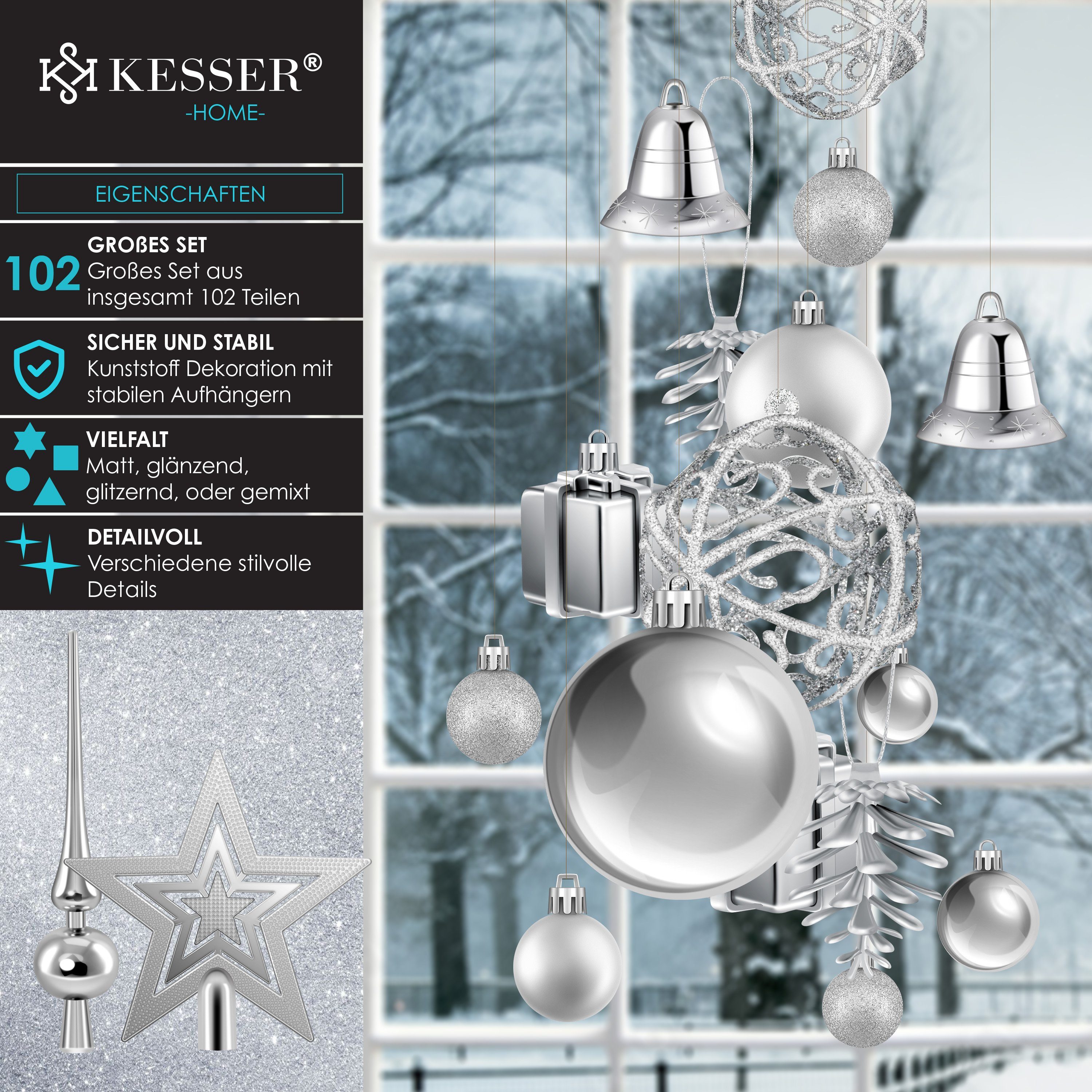 KESSER Christbaumschmuck (102-tlg), Weihnachtskugeln 102-teiliges Set Baumspitze Christbaumkugeln