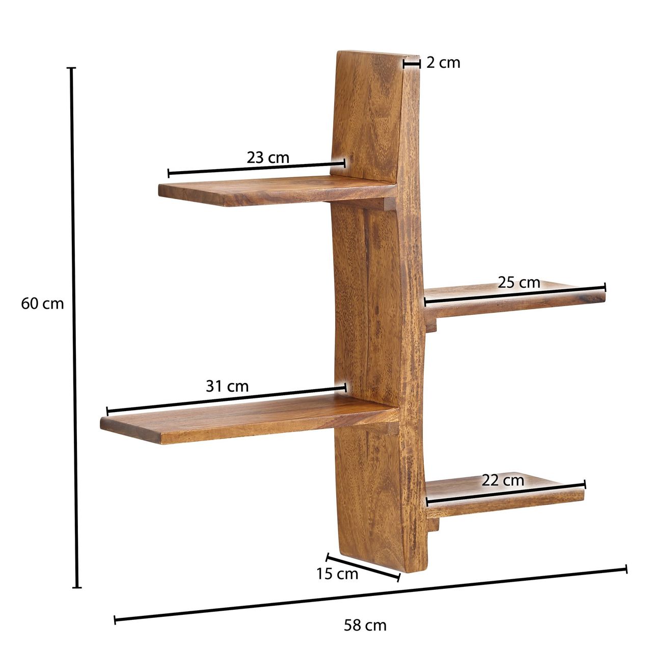 Skyport WOHNLING Wandregal Holz Massiv 58x60x15 cm Hängeregal Regal Groß Schwebend Baum