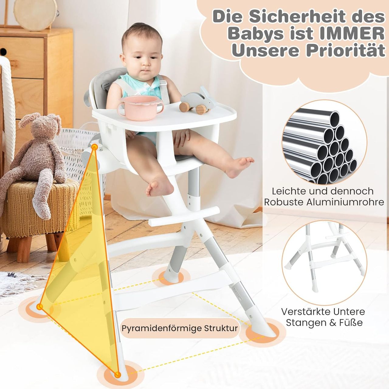 Costway 4 in 1 Babystuhl, Babyhochstuhl umwandelbar mit 5-fach verstellbarer Höhe