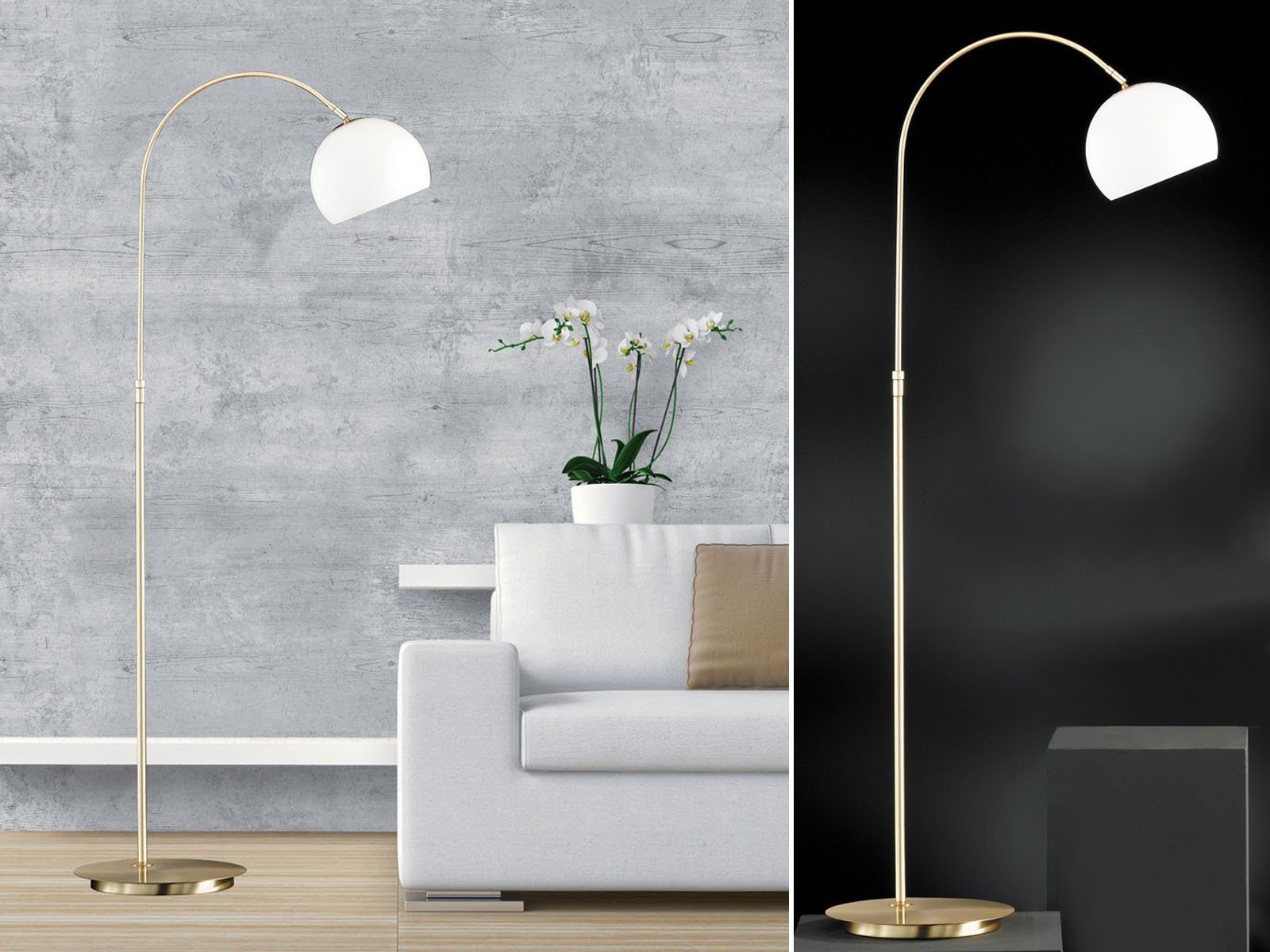 meineWunschleuchte LED Bogenlampe, LED wechselbar, Warmweiß, Designer Stehlampe ge-bogen gold-en, Glas Lampenschirm weiß, H: 140cm
