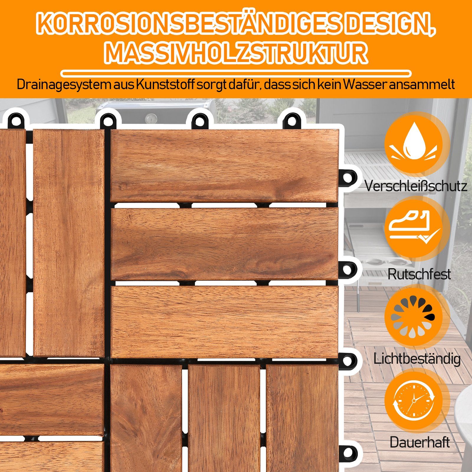 Gimisgu Holzfliesen 11x Terrassenfliese Garten Akazie Bodenfliesen 30x30cm Platten, Holz Bodenfliese