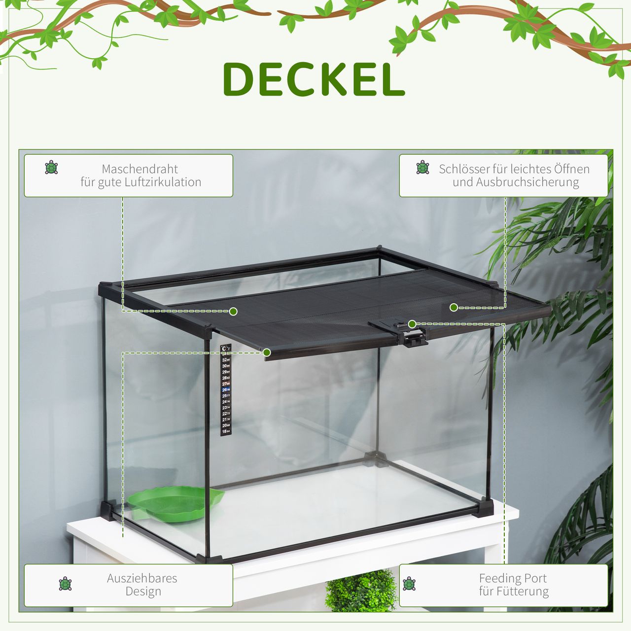 PawHut Terrarium für Reptilien Reptile Fütterungsbox Glasterrarium Amphibien Spinnentiere mit Thermometer Reptilienzuchtbox Metall Schwarz 50 x 30 x 35 cm