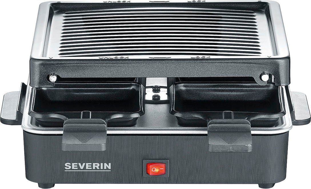 Severin Raclette RG 2370, 4 Raclettepfännchen, 600 W, Grillplatte, Antihaftbeschichtung, Kompaktes Design, Kontrollleuchte