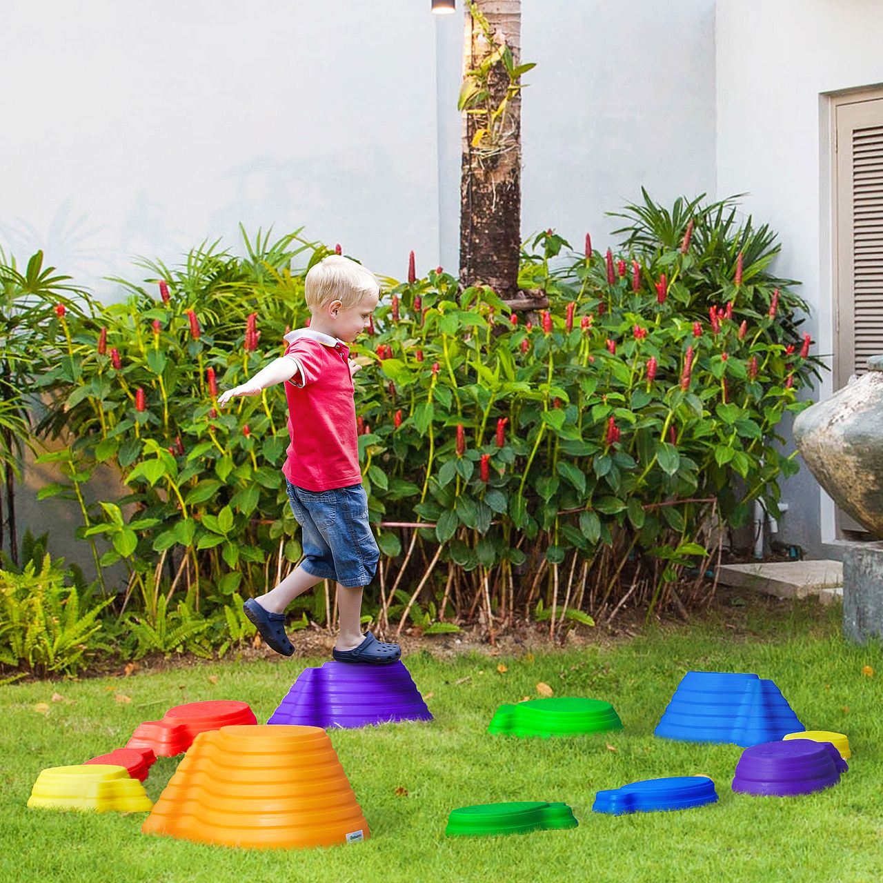 Outsunny Flußsteine 11ER Balance-Steine für Kleinkinder Trittsteine Sprungbrett für Innen- und Außenbereiche Balancespiel belastbar bis 100 kg Rutschfest Stapelbar
