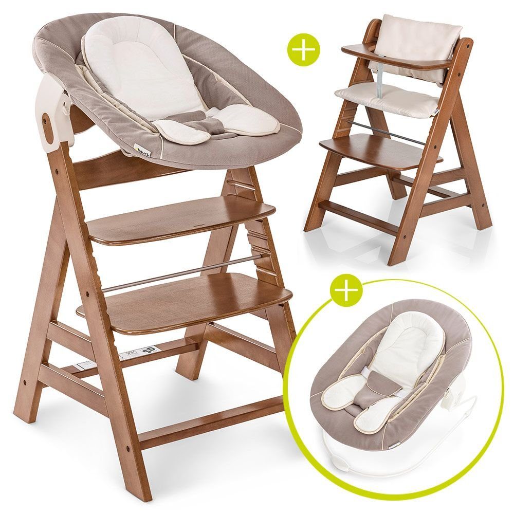 Hauck Hochstuhl Alpha Plus Walnut - Newborn Set (Set, 4 St), Holz Babystuhl ab Geburt inkl. Aufsatz für Neugeborene & Sitzauflage