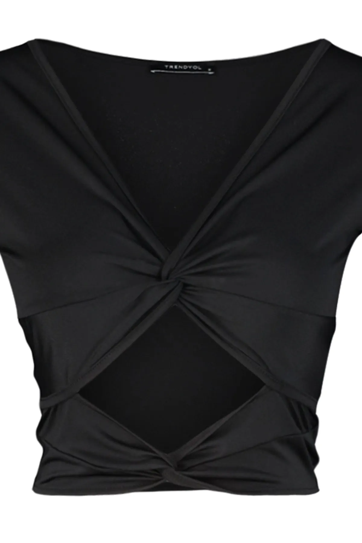 Trendyol Collection  Schwarze, eng anliegende, kurze Strickbluse mit V-Ausschnitt und Cut-Outs TWOSS23BZ00383