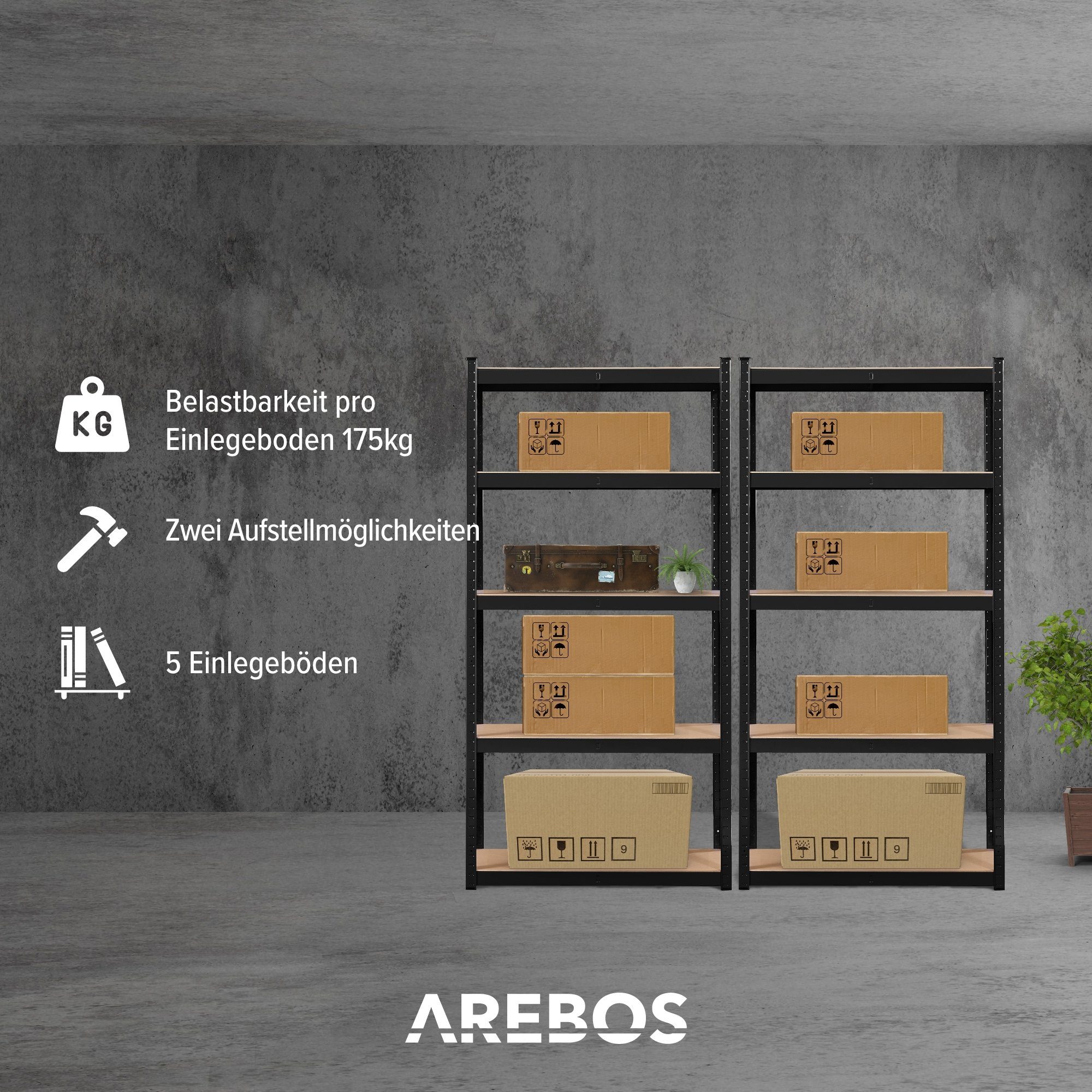 Arebos Schwerlastregal 180 x 90 x 40 cm Kellerregal Steckregal Lagerregal, Set 2-tlg.