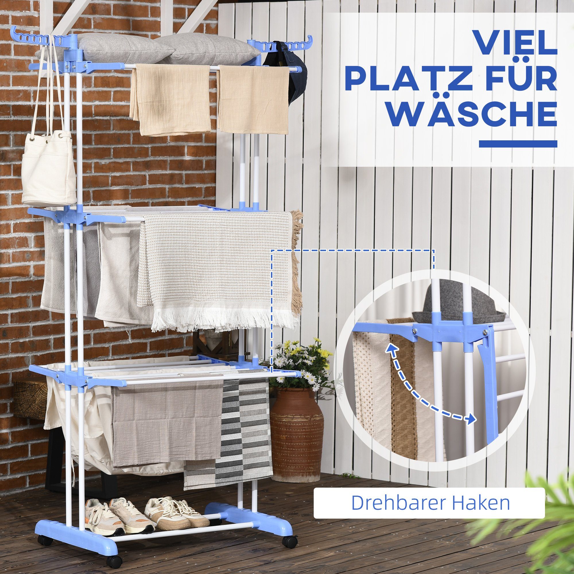 HOMCOM Wäscheständer Wäschetrockner Turmwäscheständer Standtrockner mit 4 Ebenen, Stahl Blau 73 x 45,5 x 177cm